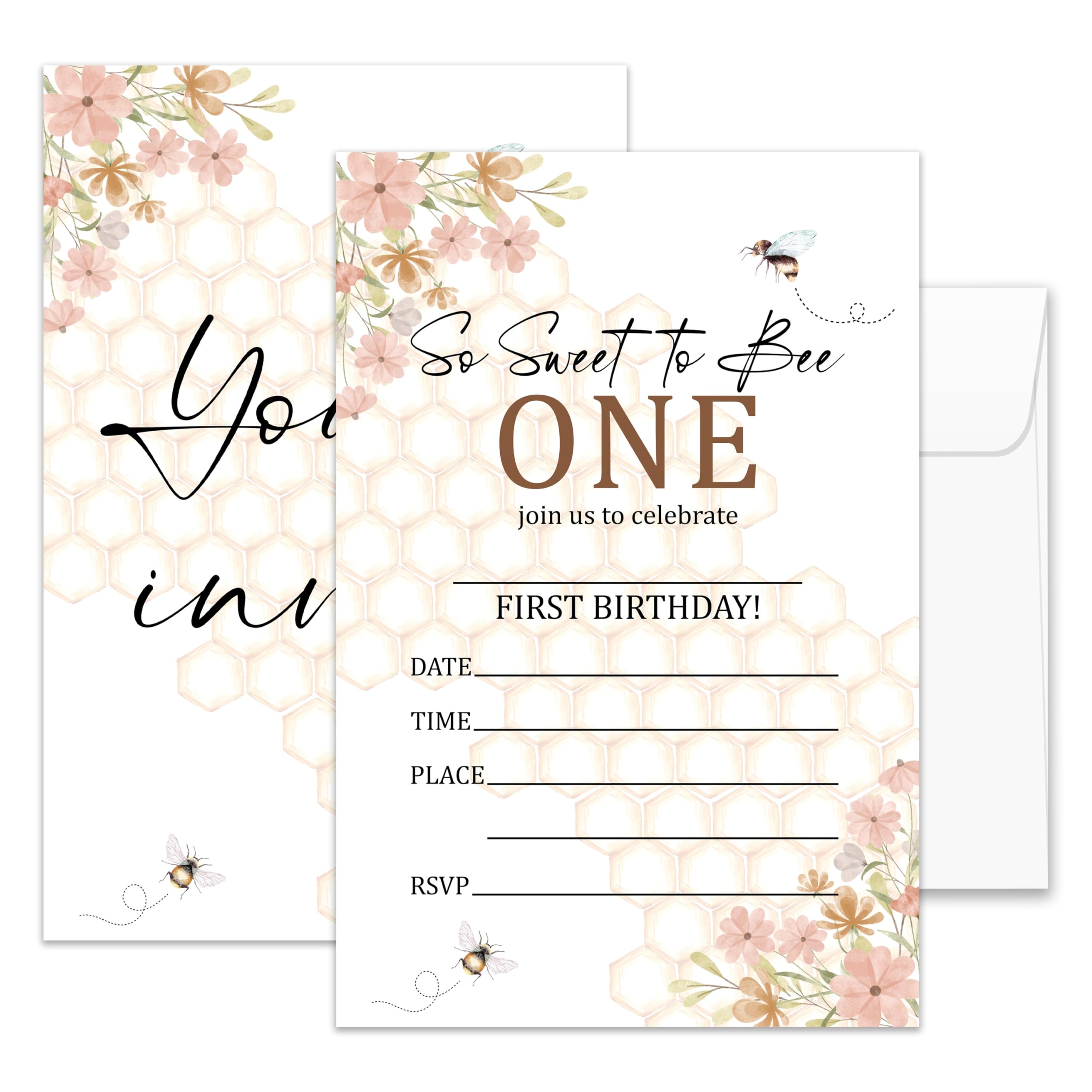 lamocho 1 Year Old Birthday Invitations, 1st Birthday Party Invitations - Sweet To Bee One! Birthday Invitations For Boys Girls, Fill in Blank (20 Pcs