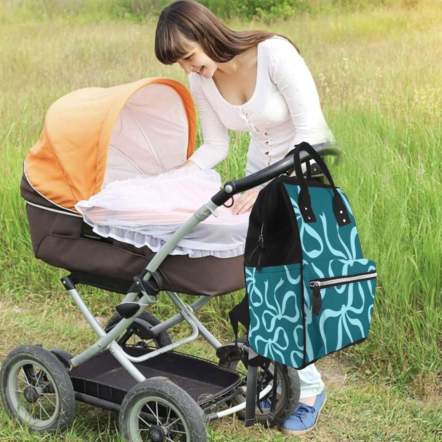 Teal Bow Diaper Bag Backpack for Women, Large Capacity Waterproof Travel Bag with Stroller Straps