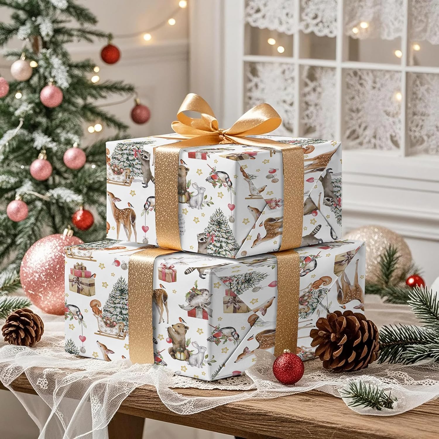 WRAPAHOLIC Kraft Woodland Christmas Wrapping Paper - Mini Roll - 17 Inch x 16.5 Feet - White Woodland Forest Animal Wrapping Paper for Christmas Holiday, Party Celebration (Pack of 2)
