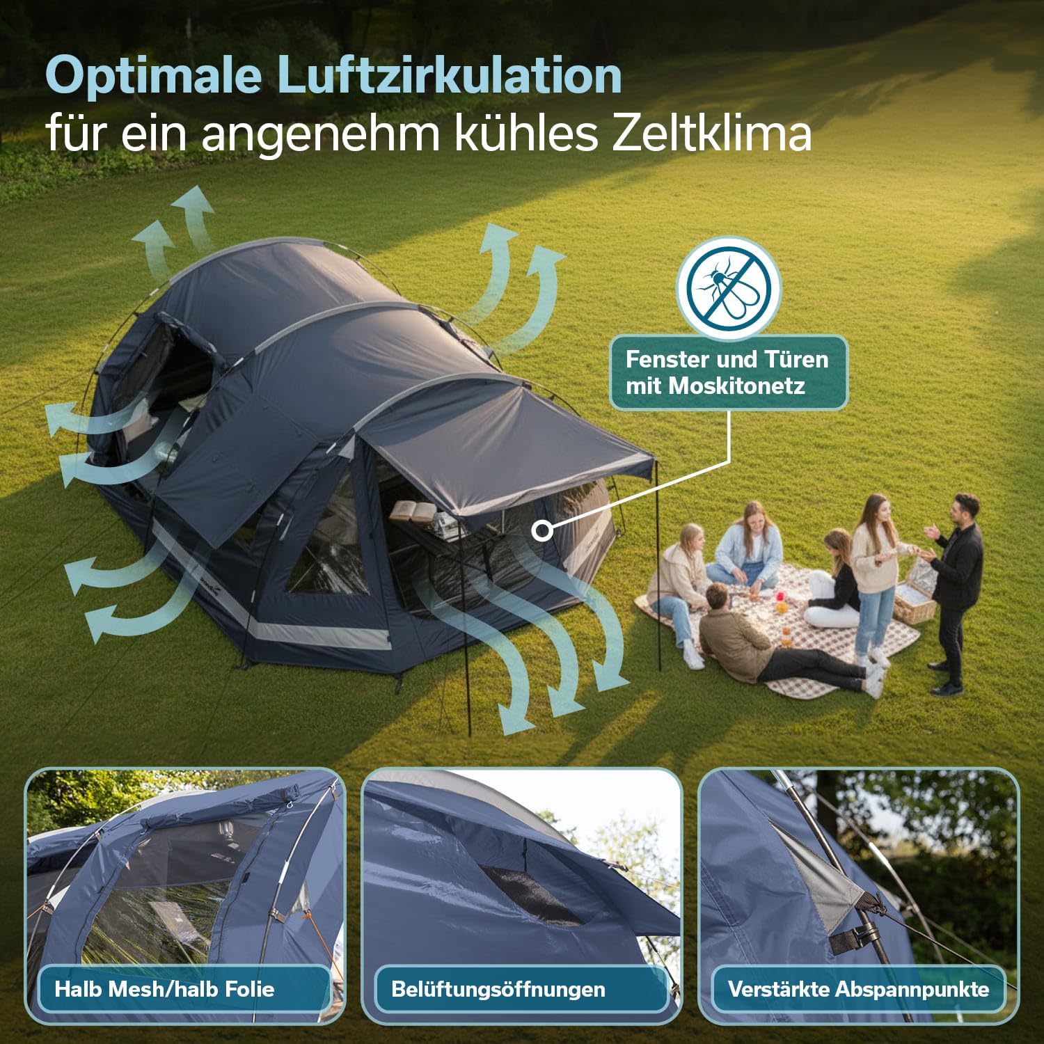Skandika Kambo 6 Sleeper Protect Tunnel Tent for 6 People, Black Sleeping Cabin, Sewn-in Tent Floor, Waterproof 3000 mm Hydrostatic Head, 3 Entrances, Sun Canopy, Camping Tent, Festival, Outdoor Sports & Outdoors