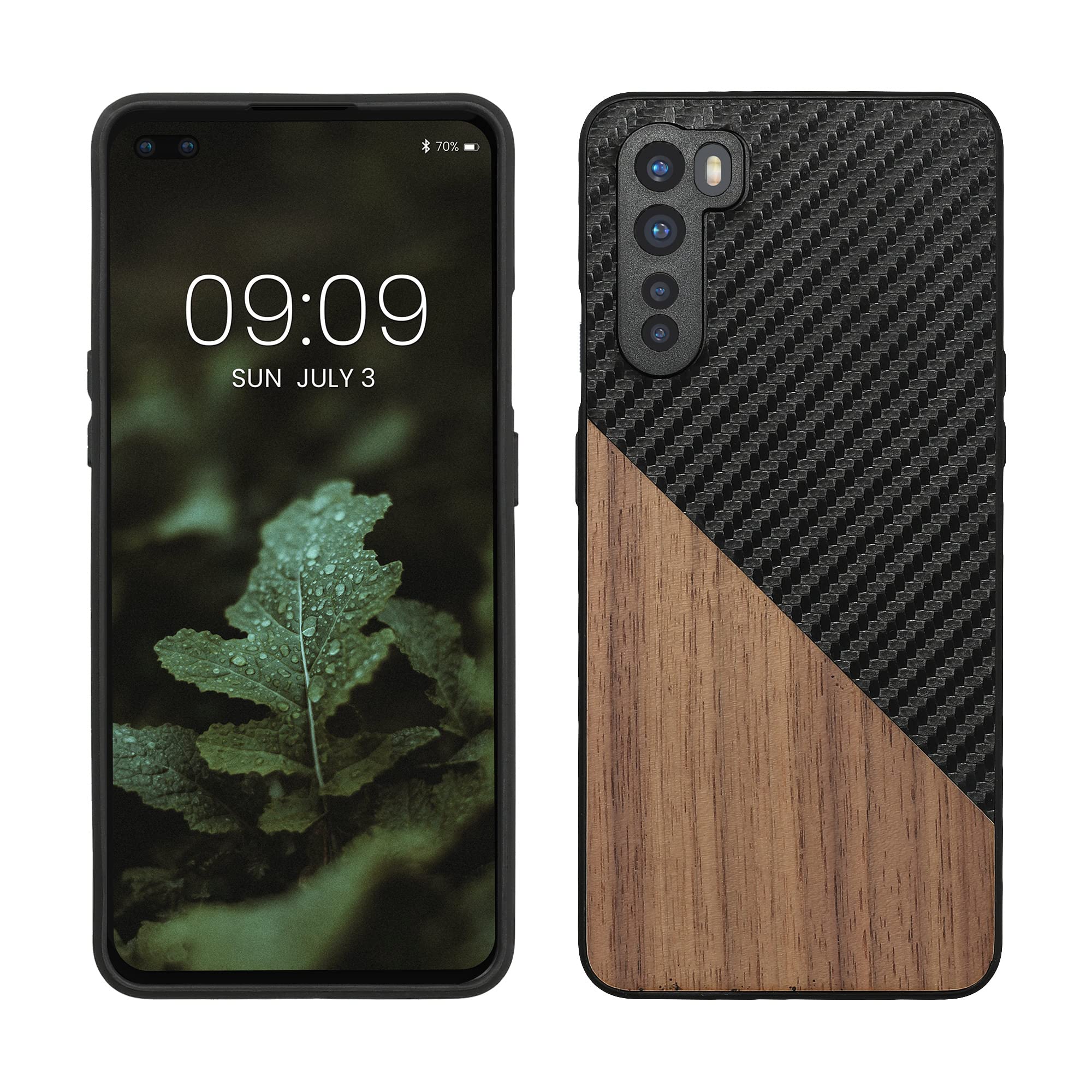 kwmobileCase Compatible with OnePlus Nord - Hard Phone Cover with TPU Bumper and Wood/Carbon Back - Dark Brown/Black