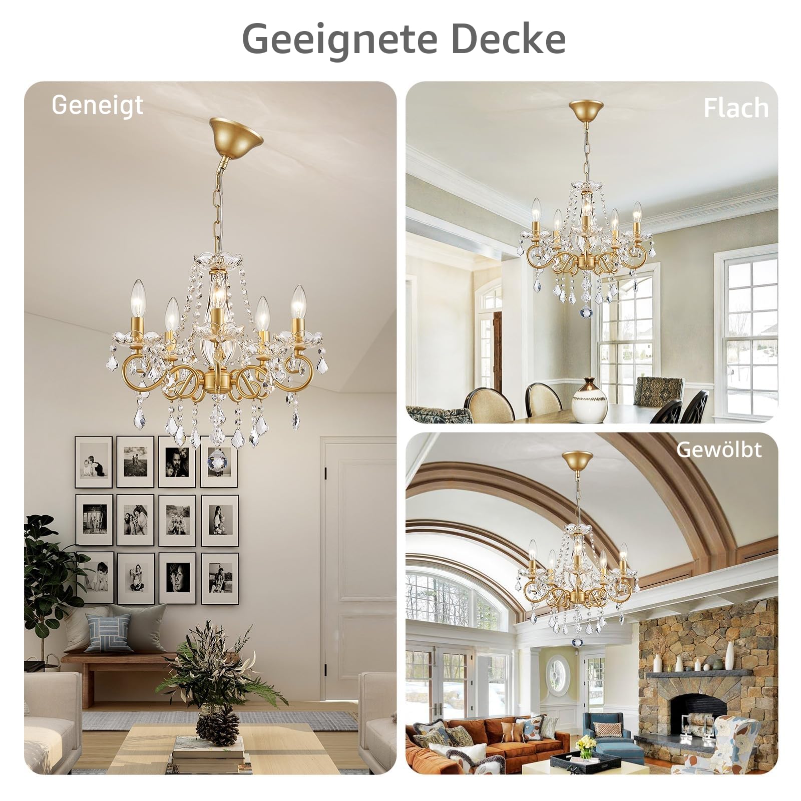 WUZUPS Kristall Kerze Kronleuchter Pendel Flushmount Deckenleuchte Moderne Beleuchtung für Schlafzimmer Flur Bar Küche Bad, H42 W43, Gold, E14 Base