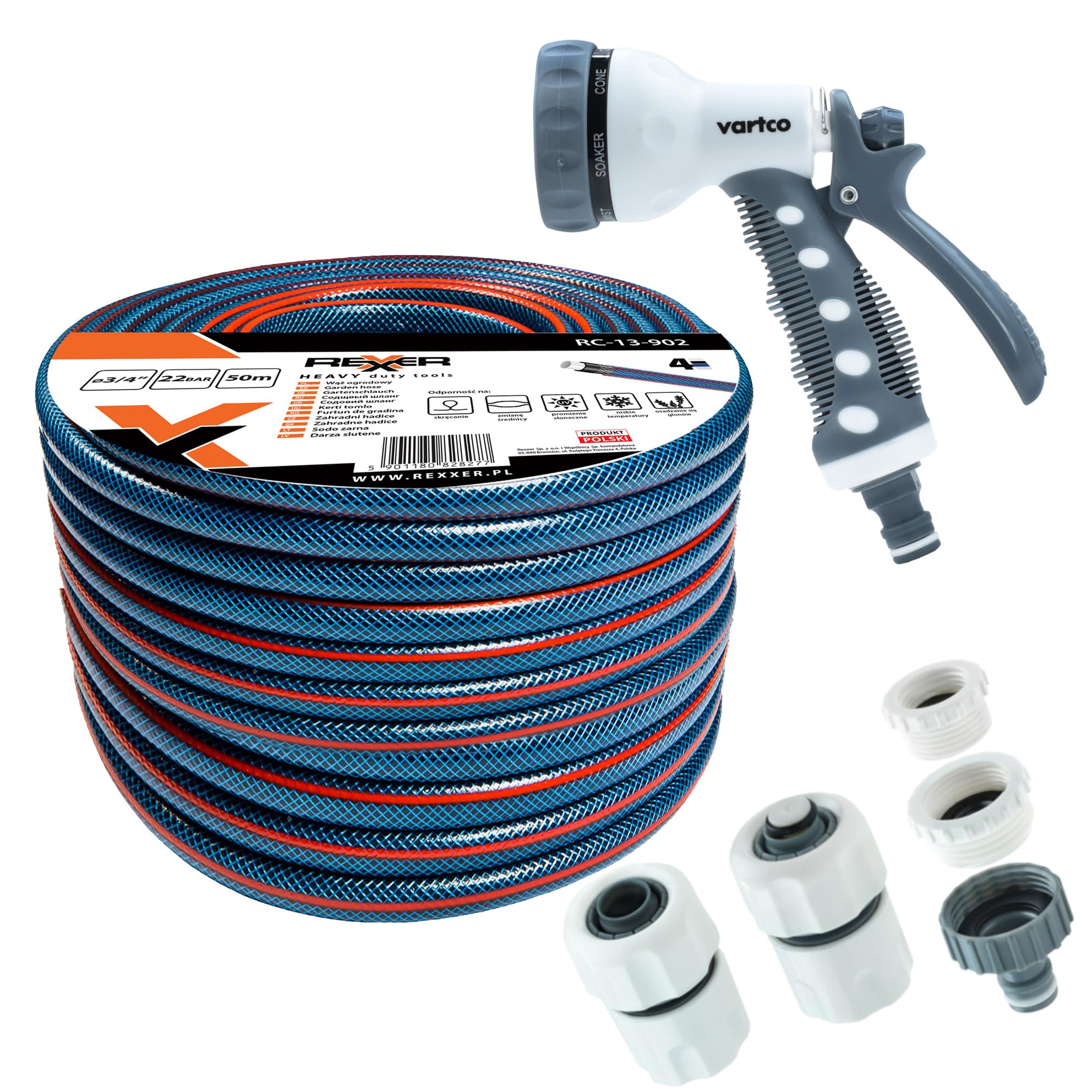 REXXER Gartenschlauch-Set 50 m, 3/4 Zoll, 4-lagig, 7-fach Sprühpistole | UV-beständig, flexibel, 7-fach Sprühpistole, Schnellkupplungen, Wasserhahnanschluss