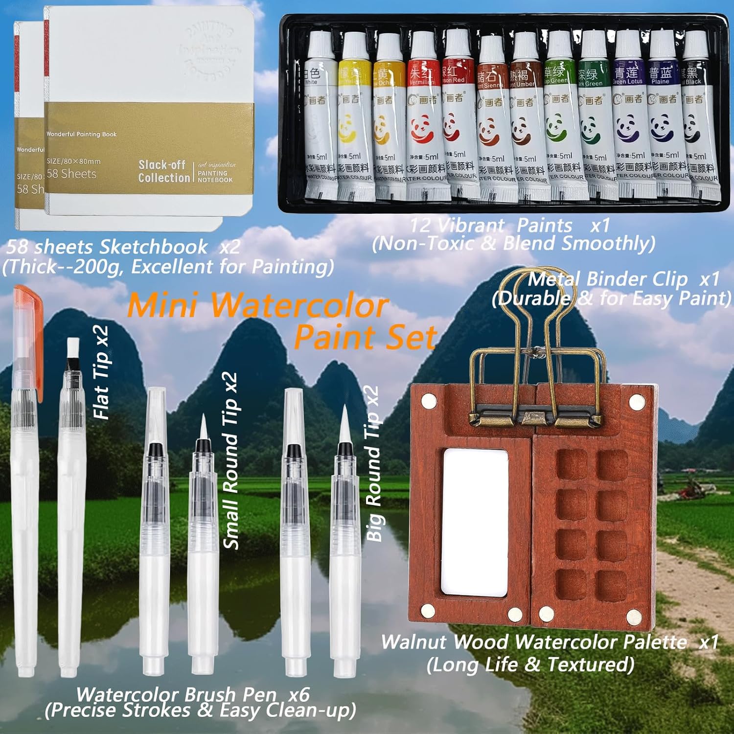Pocket Artist Watercolor Travel Set, with 1 Walnut Wood Portable Palette (8 Grids), 12 Vibrant Paints, 2 Sketch Books, 6 Brush Pens, Mini Watercolor Paint Set for Artists, Outdoor or Urban Sketchers - Image 3