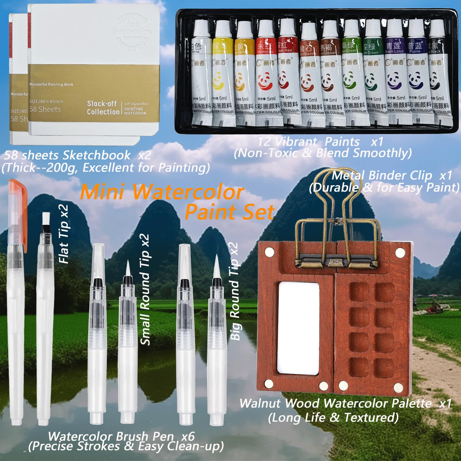 Pocket Artist - Juego de viaje de acuarela, con 1 paleta portátil de madera de nogal (8 rejillas), 12 pinturas vibrantes, 2 libros de bocetos, 5 bolígrafos de pincel, mini juego de pintura de acuarela