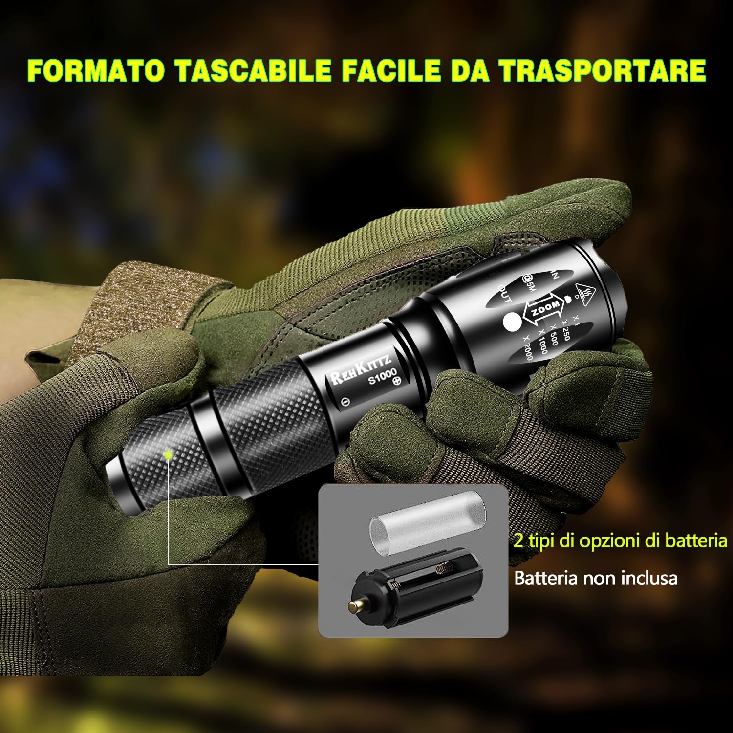 REHKITTZ Torcia Super Luminosa Portatile LED (Confezione da 2), 2000 Lumen Torcia Elettrica, Zoomabile,Formato Tascabile,Impermeabile IP44 e 5 Modalità Di Illuminazione