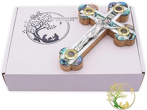 Miniatura 4 de Cruz de madreperla católica de madera de olivo - Crucifijo de pared con reliquias de Tierra Santa