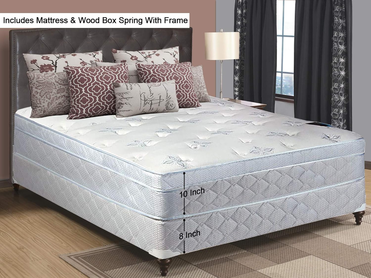 Spinal Solution Medium Plush Foam Encased Eurotop Pillowtop Innerspring Mattress and 8" Wood Traditional Box Spring/Foundation Set with Frame, Queen Size, white : Home & Kitchen
