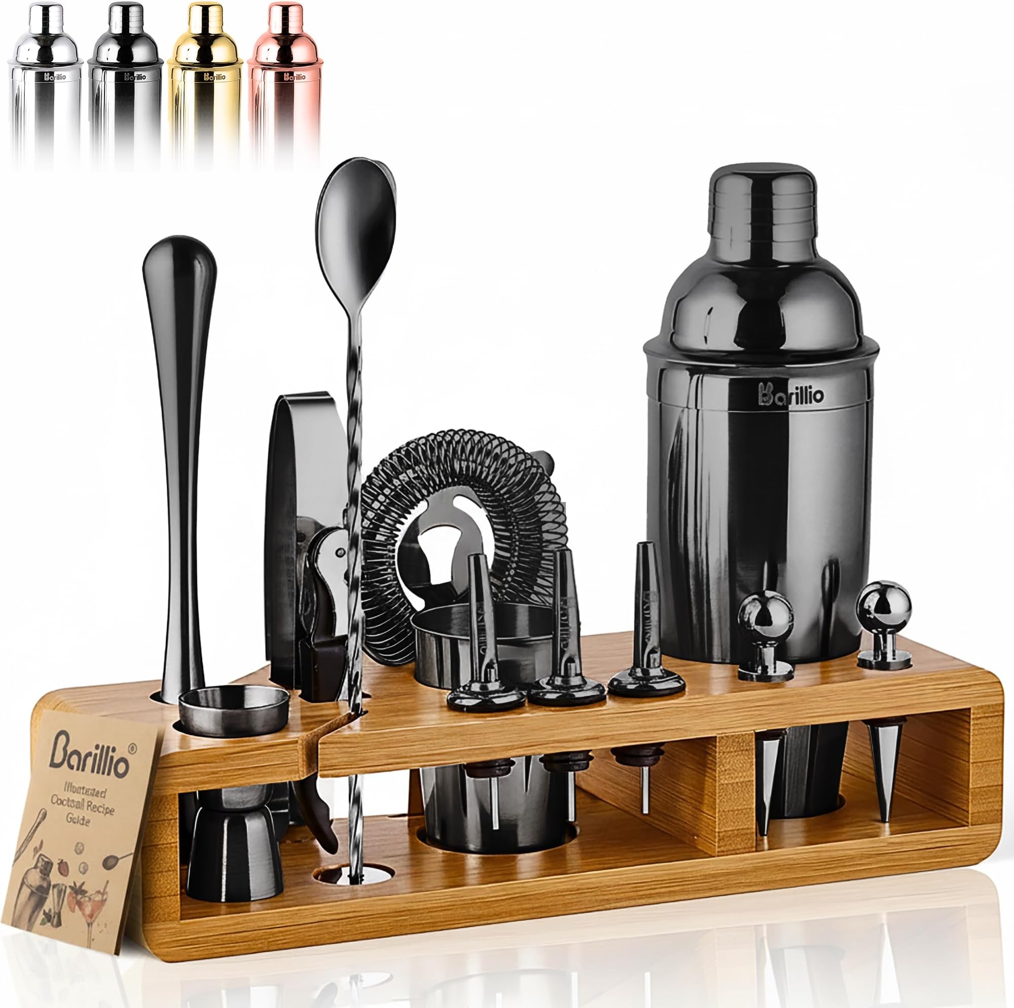 Elite 23 Piece Bartender Kit with Stainless Steel Shaker with Bamboo Stand, Velvet Carry Bag and Recipe Book 23 pcs Bar Set with Stand Black
