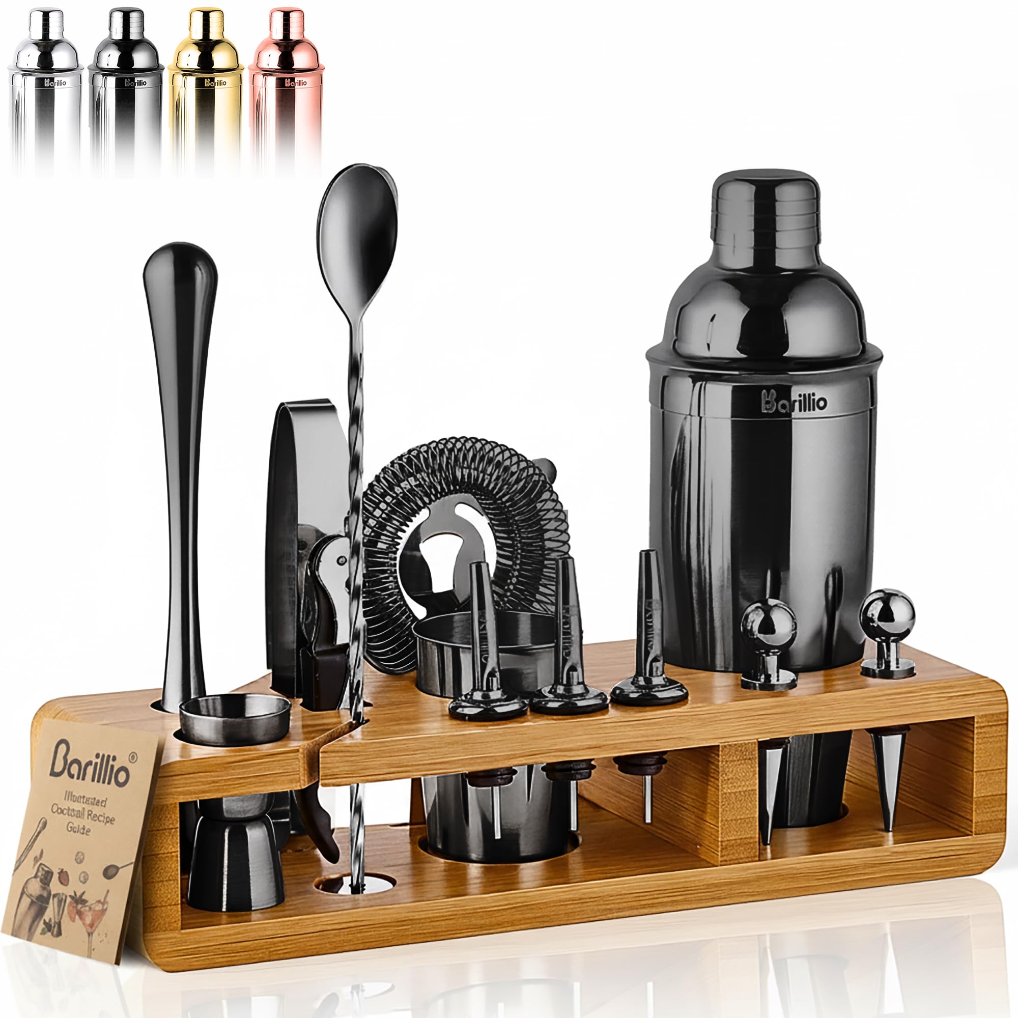 Barillio Black Bartender Kit - Stainless-Steel Cocktail Shaker Set w/Bamboo Stand - Mixology Bar Tools w/Drink Shaker, Mixer Spoon & Muddler for Cocktails - Home Bar Accessories - 23-Pc Bar Set