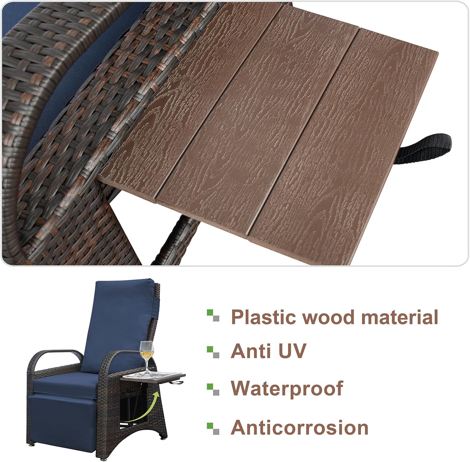 Outdoor Recliner Chair, PE Wicker Adjustable Reclining Lounge Chair and Removable Soft Cushion, with Modern Armchair and Ergonomic for Home, Sunbathing or Relaxation (Brown+Navy)