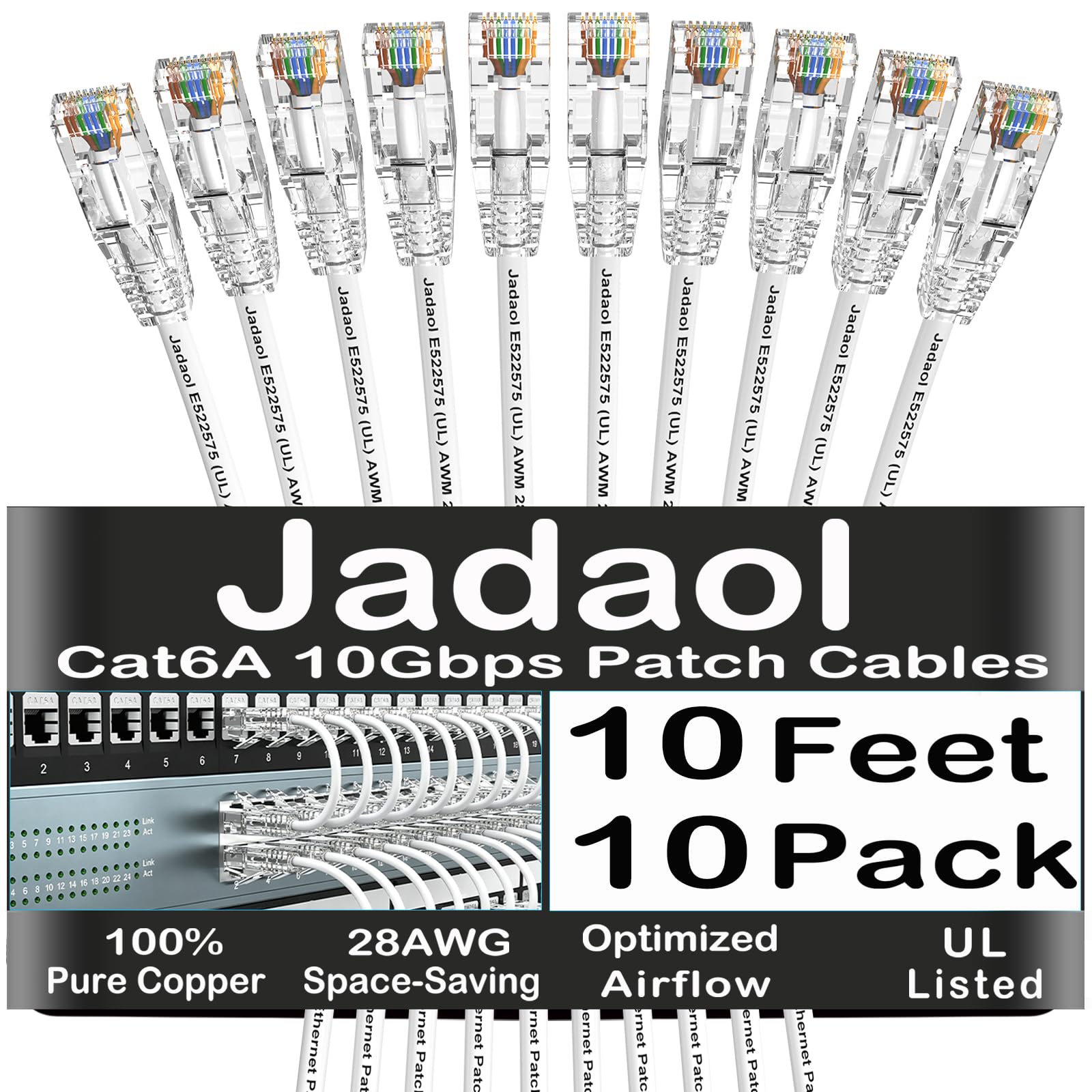 Jadaol Lot de 10 câbles de raccordement Cat6A certifiés UL 3 m 10 Gbit/s