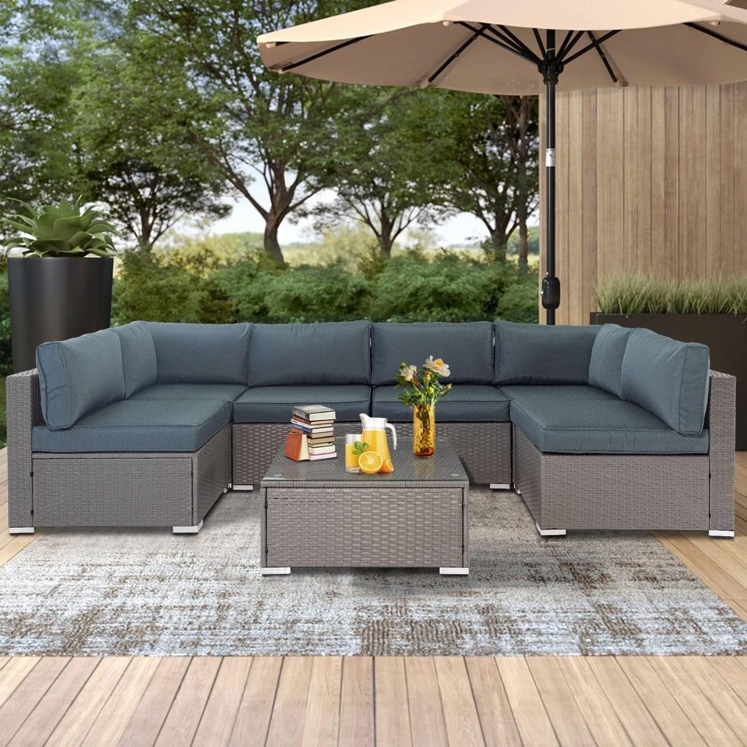 7-Piece Patio Furniture Sets, Modular Rattan Outdoor Patio Sectional Furniture Sofa Set, Wicker Patio Conversation Set for Backyard, Deck w/Glass Top Coffee Table and Cushions