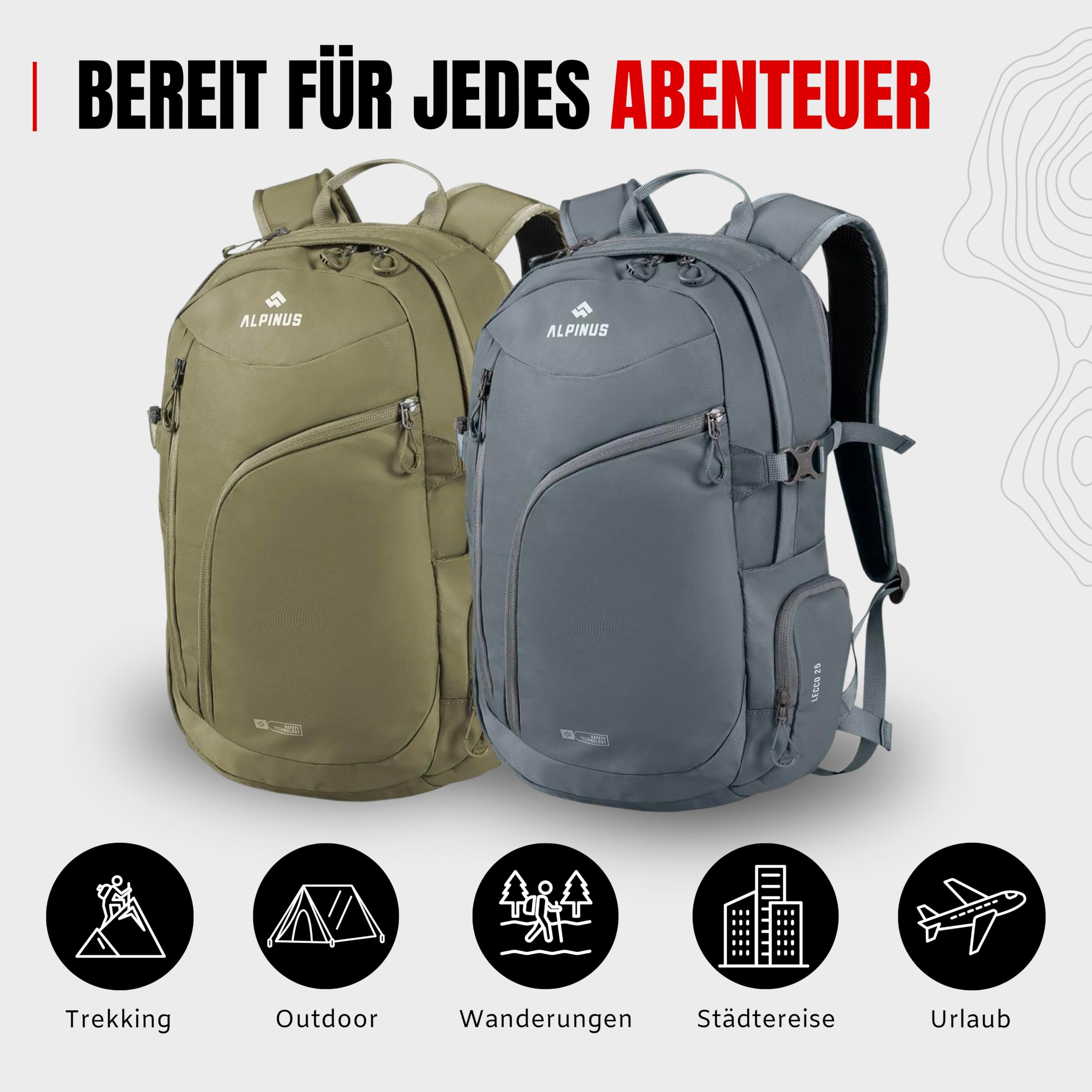 Alpinus Lecco Wanderrucksack 25L Stahlgrau - Trekkingrucksack für Damen und Herren - Leicht Atmungsaktiv Wanderrucksack Herren für Outdoor Camping Wandern, Rucksack für Trekking mit Laptopfach
