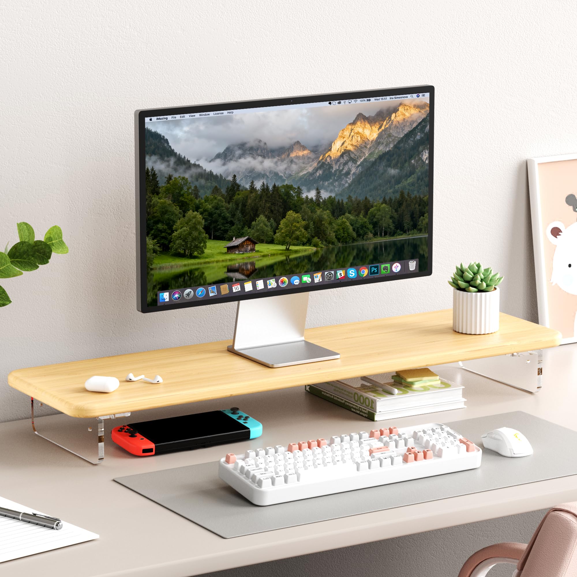 AFOOYO Supporto per monitor, in bambù e acrilico, supporto per monitor del computer con luce a LED, grande supporto per monitor da 31 pollici per scrivania, supporto organizer da scrivania per