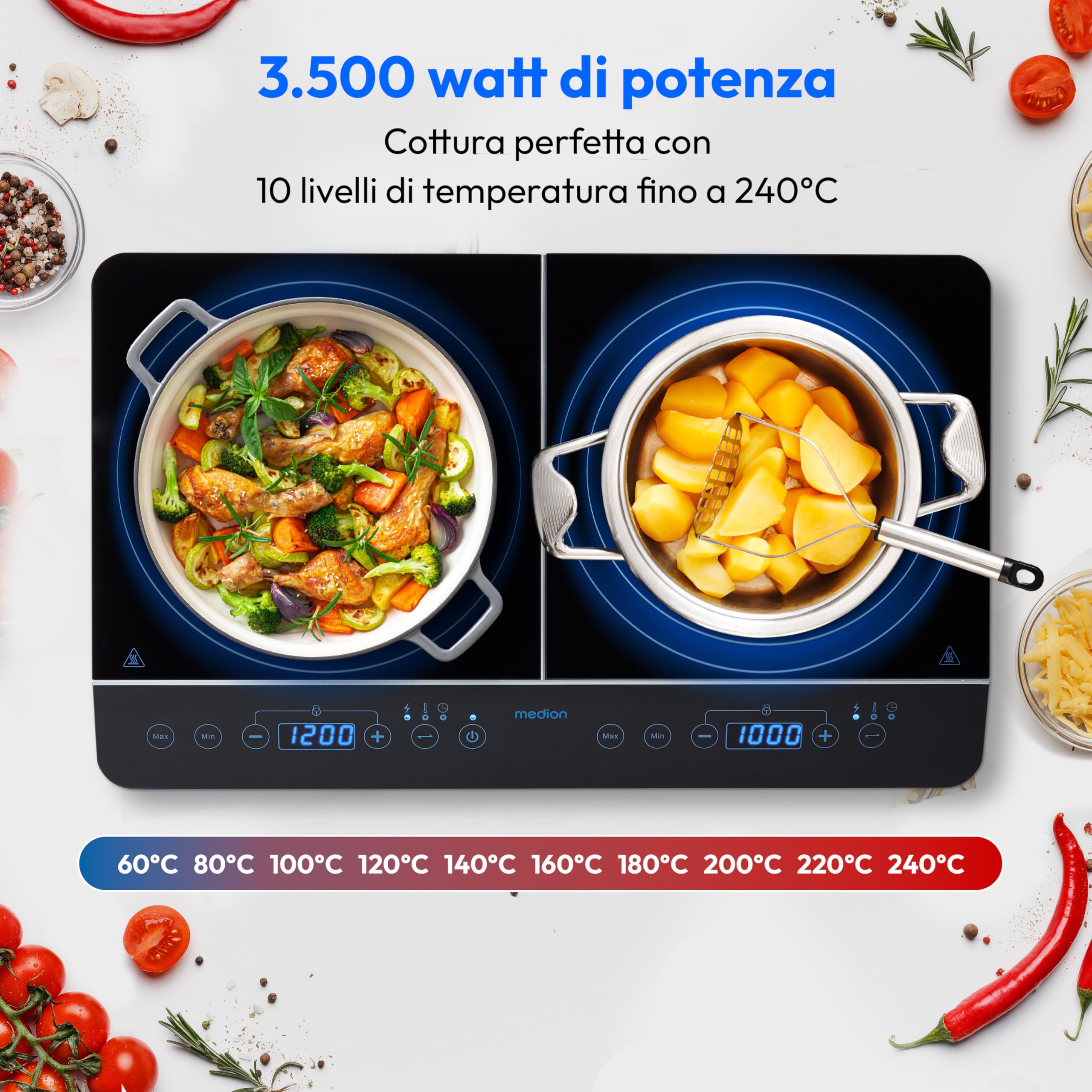 MEDION Piastra a induzione doppia con due piastre di cottura, 3500 Watt, 10 livelli di temperatura, display a LED, MD 15324, nera