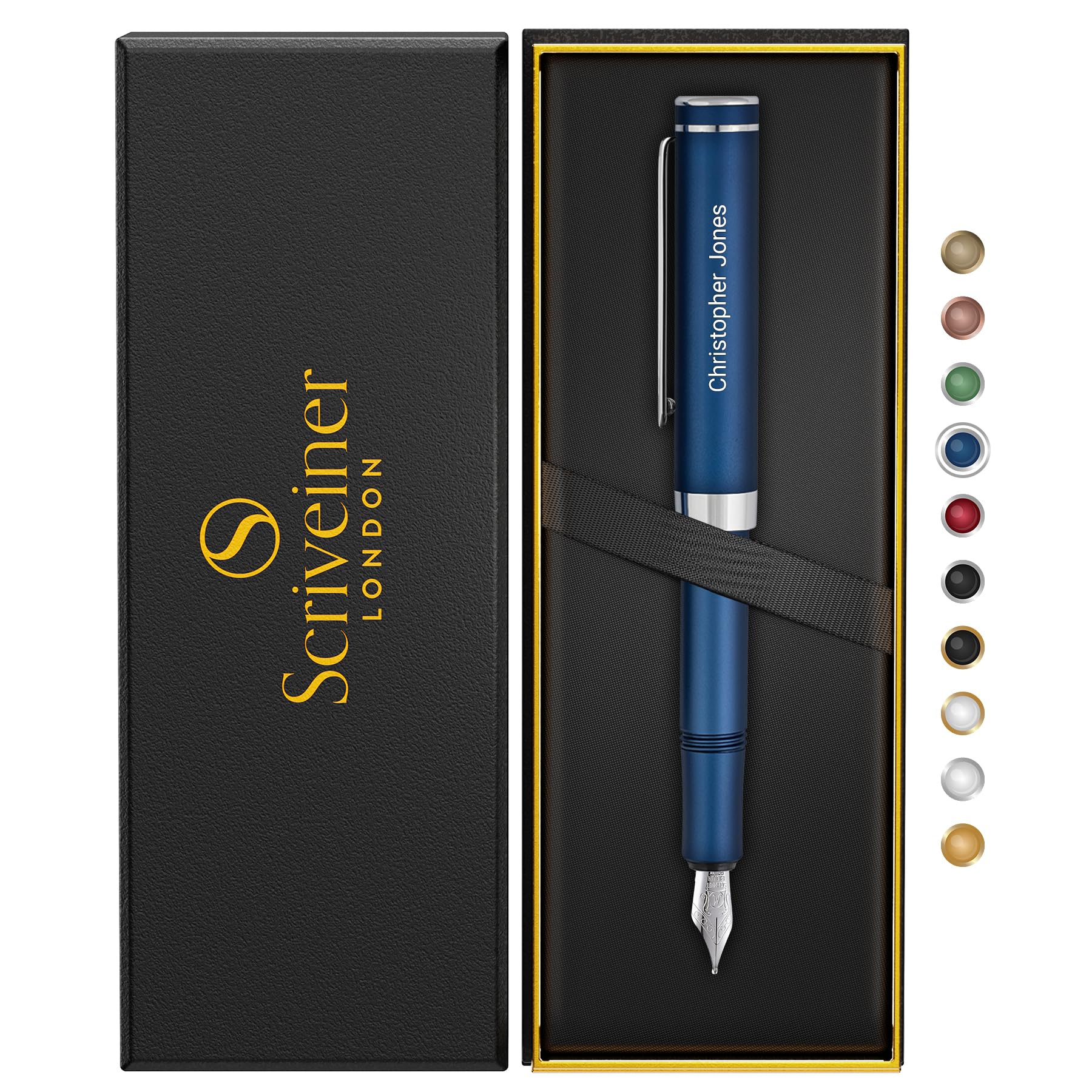 Scriveiner Personalised Luxury EDC Fountain Pen (Medium), Stunning Matt Blue Pocket Pen, Chrome Finish, Schmidt German Nib, Best Engraved Fountain Pen Gift Set for Men & Women, Name Engraving — image 1