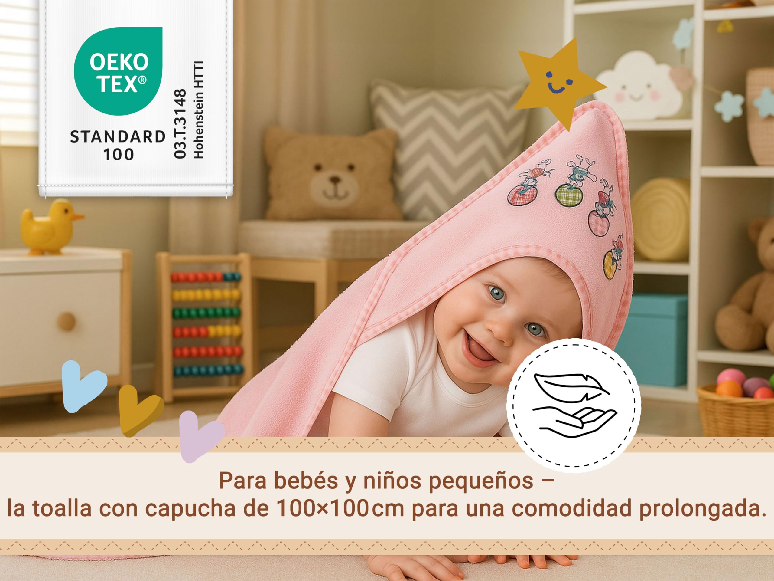 ZOLLNER Toalla con Capucha para bebé de 100 x 100 cm - Rosa - Suave para la Piel y Muy mullida - algodón - Lavable a 60 °C - Certificada por Oeko-Tex®