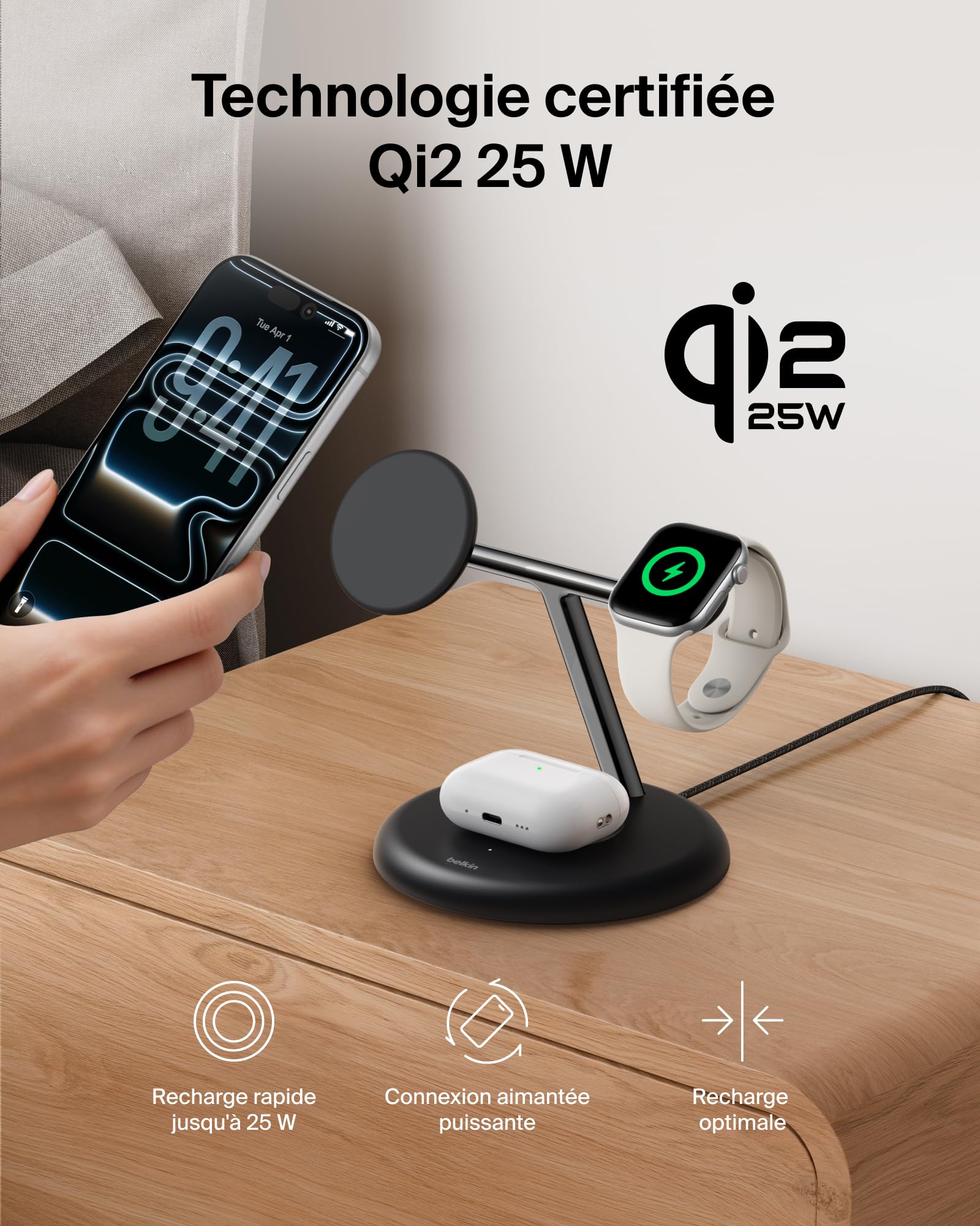 Belkin UltraCharge Station sans Fil 3-en-1 avec Qi2, 25 W - Noir | Qi2.2, Chargeur Magnétique Sans Fil MagSafe Pour iPhone, Apple Watch, Écouteurs, Câble USB-C, Adaptateur Secteur 45 W