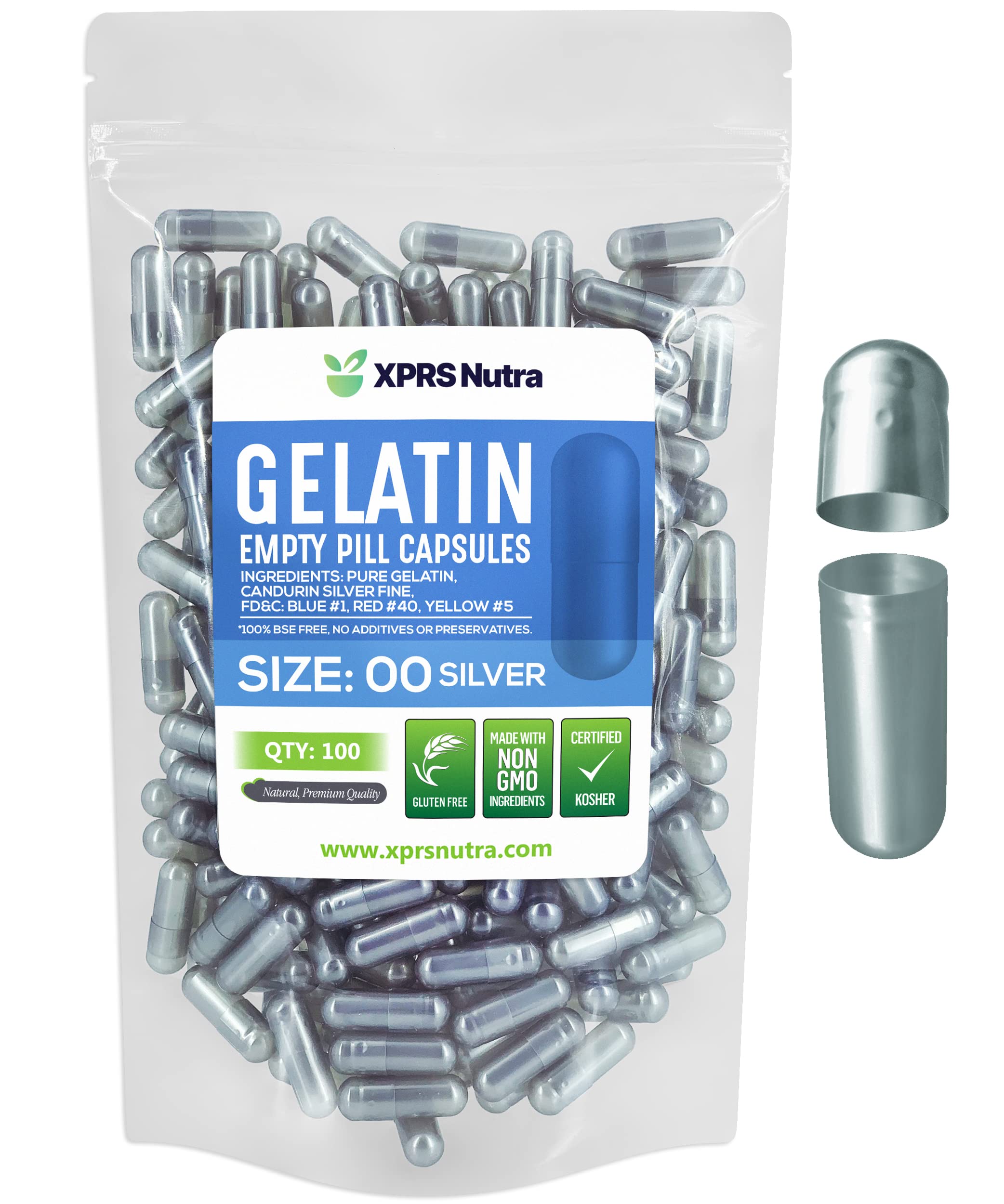 XPRS Nutra Size 00 Empty Capsules - 100 Count Empty Gelatin Capsules - Pills DIY Capsule Filling - Fillable Pill Gel Caps for DIY Supplements (Silver) 100 Count (Pack of 1) Silver