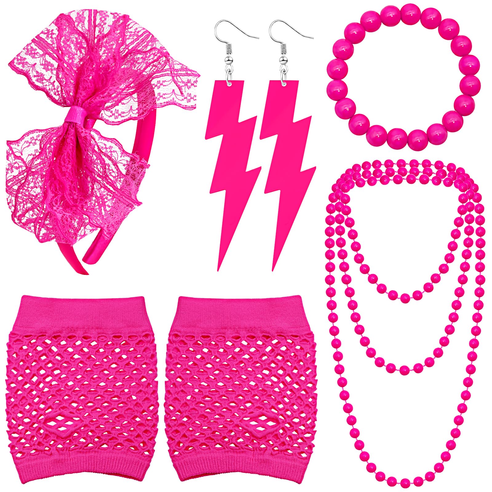 Rose Red 80s Neon Accessories Set - Lace Headband, Fishnet Gloves, Neon Earrings, Necklace & Bracelet for 80's Outfit & Glow Party