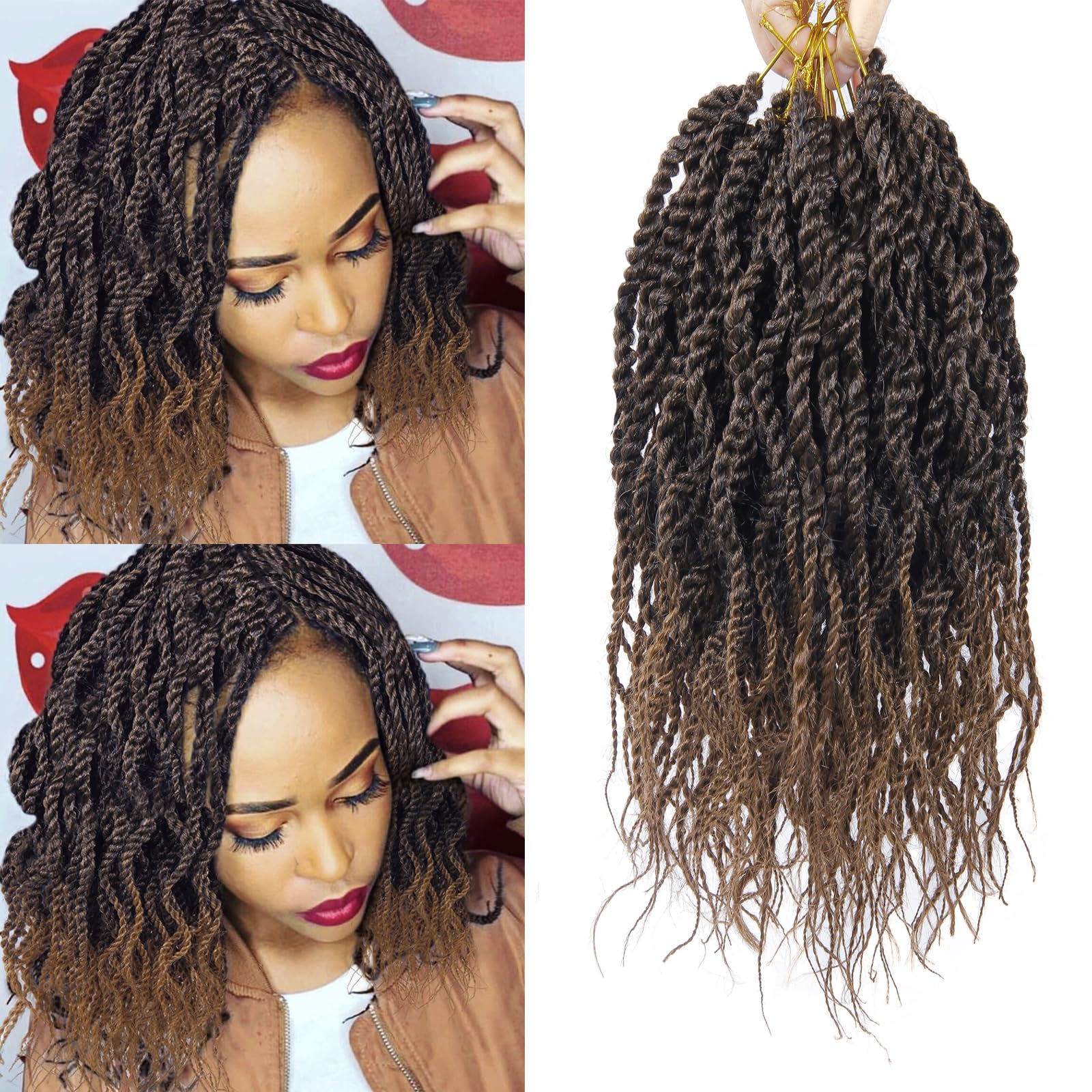View 1 of 14Inch Wavy Senegalese Twist Crochet Hair Braids Wavy Ends Synthetic Hair Extension Curly Crochet Twist Braiding Hair (8Packs,#1B/30)