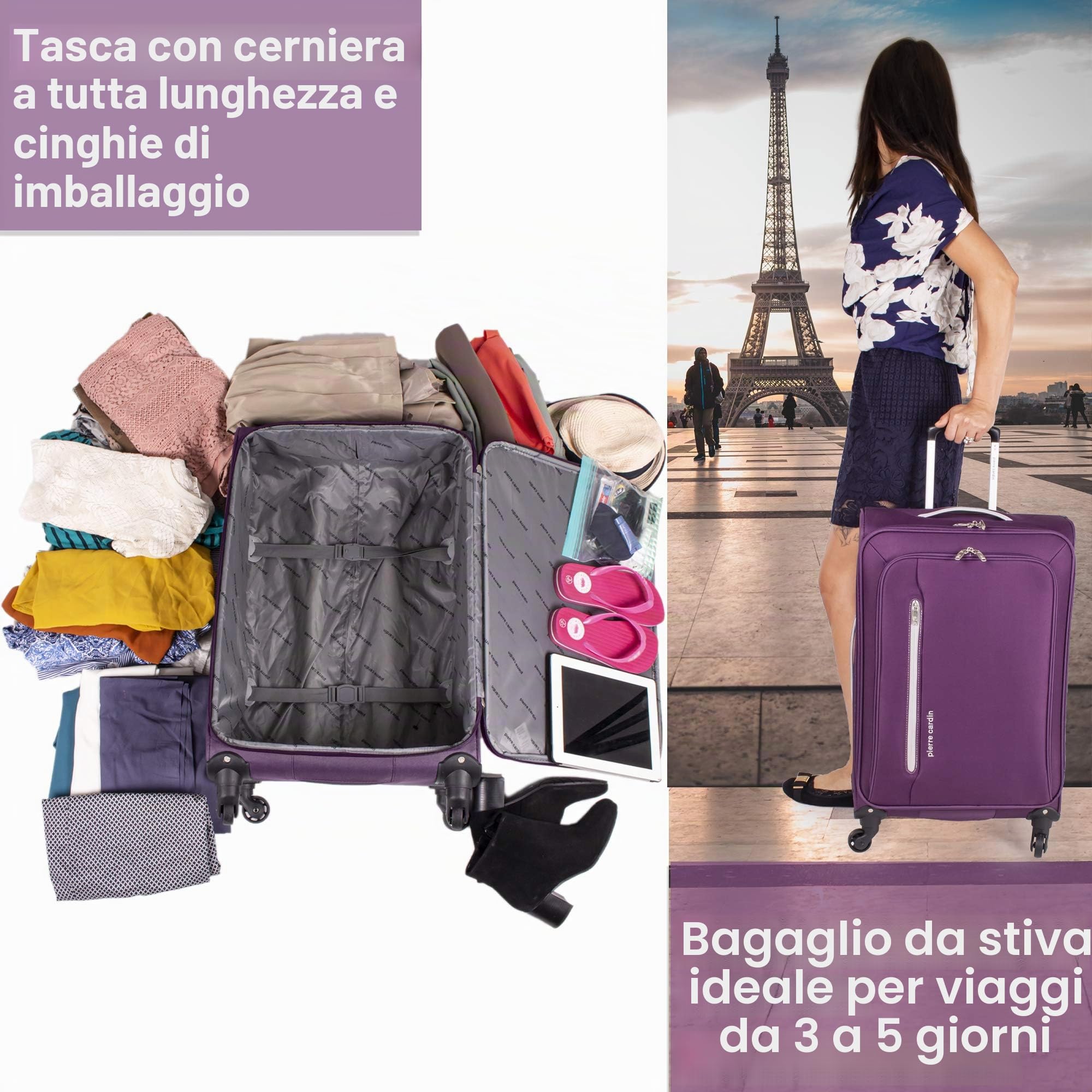 Pierre Cardin Cion CL610M - Valigia con lati morbidi e ruote resistenti testate contro lo stress, con maniglia telescopica e cinghie di imballaggio, Viola & Grigio Chiaro, M, M: 69 cm