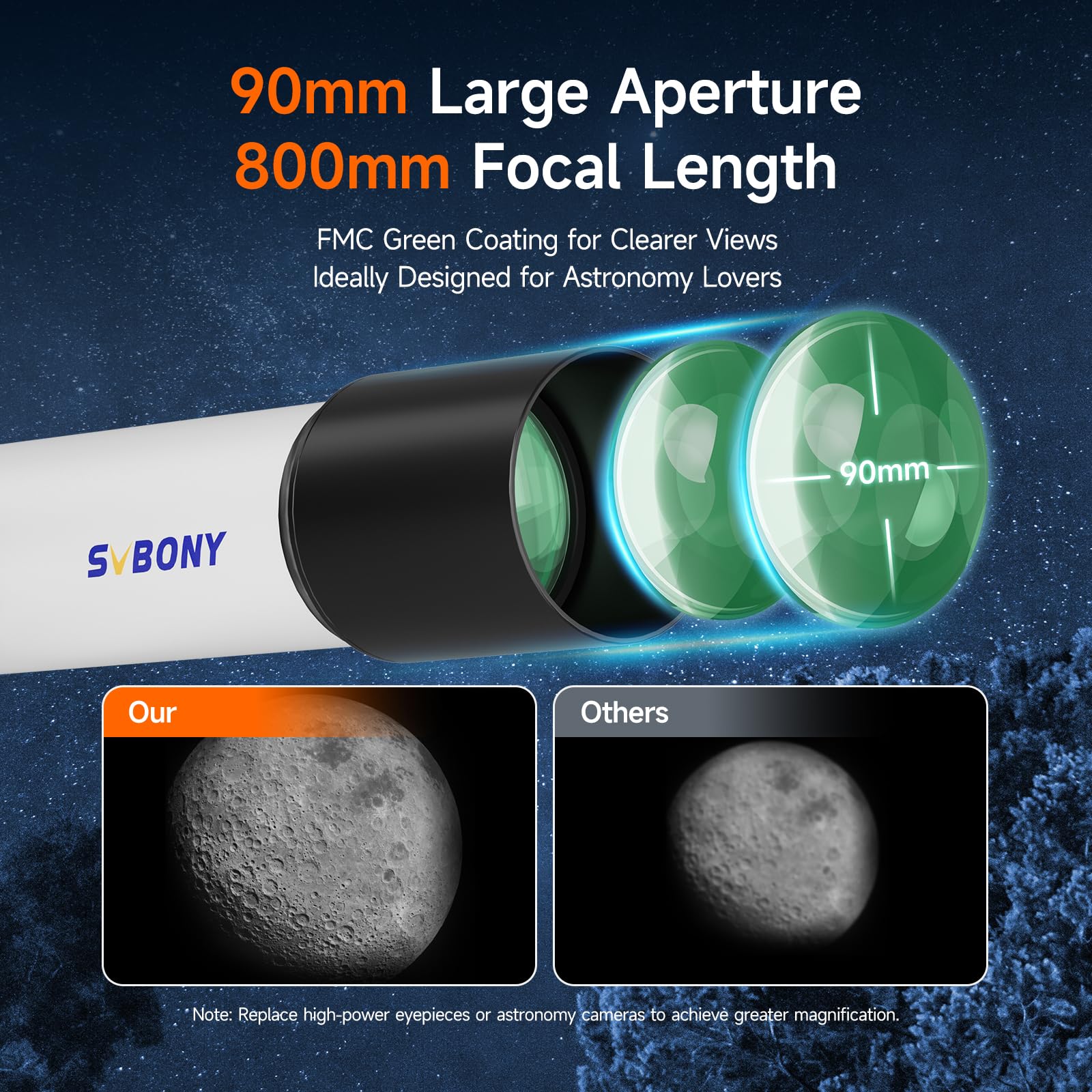Svbony SV520 Teleskop dla Dorosłych, Apertura 90 mm, Ogniskowa 800 mm, Wszystko Metalowe Teleskop do Astronomii z Montażem Azymutalnym, Kontroler Bezprzewodowy, do Obserwacji Wizualnych