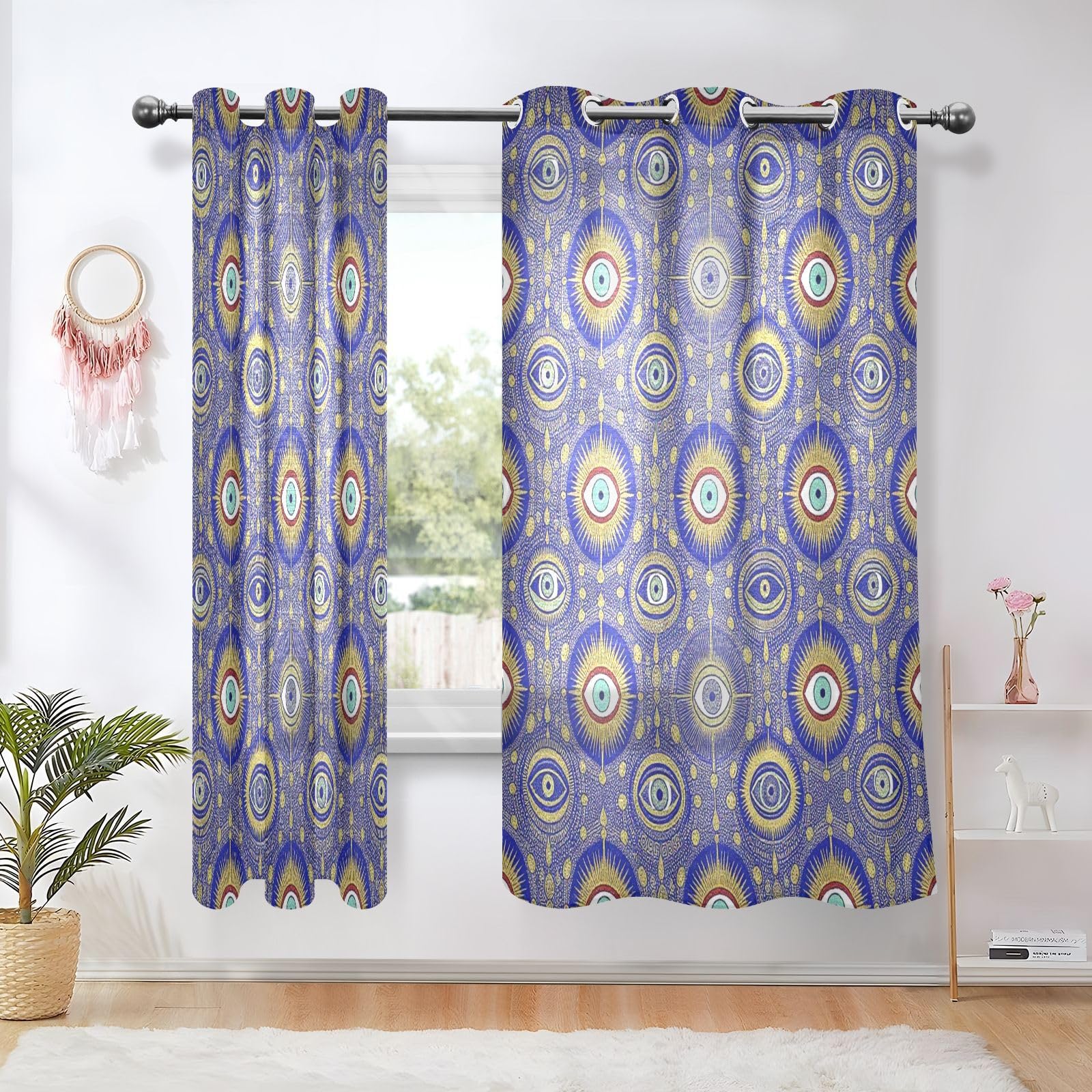 Cortinas decorativas de casa de campo para tratamientos de ventanas, cortinas opacas de ojo malvado azul y dorado, 63 pulgadas de largo, 2 paneles