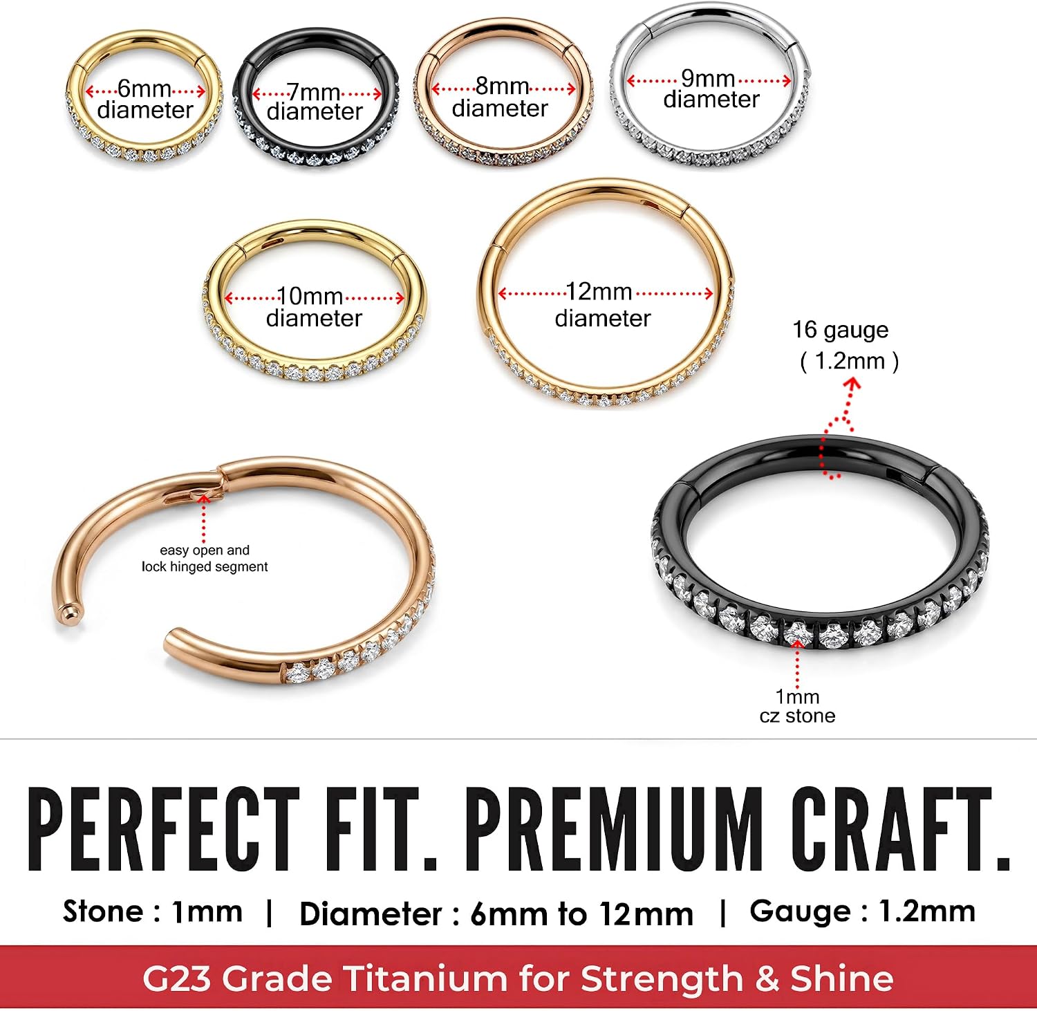 Micro Setting Cz Stones 16 Gauge (1.2mm) G23 Grade Titanium Hinged Clicker Segment Ring, Cartilage, Helix, Tragus, Piercing Jewelry