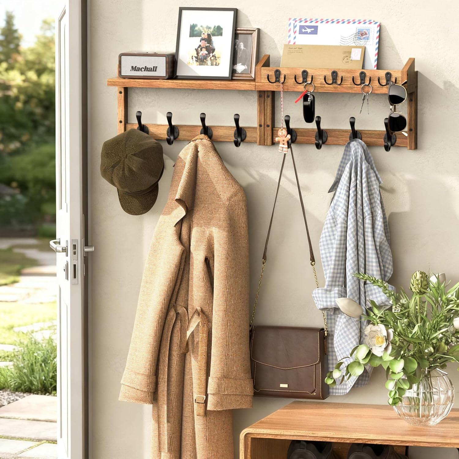 35'' Brown Coat Rack Wall Mount with Shelf, Solid Wood Coat and Key Hanger with 13 Metal Hooks, Farmhouse Wall Organizer for Mail, Entryway Wall Hangers for Hats, Clothes, Backpacks, Mudroom