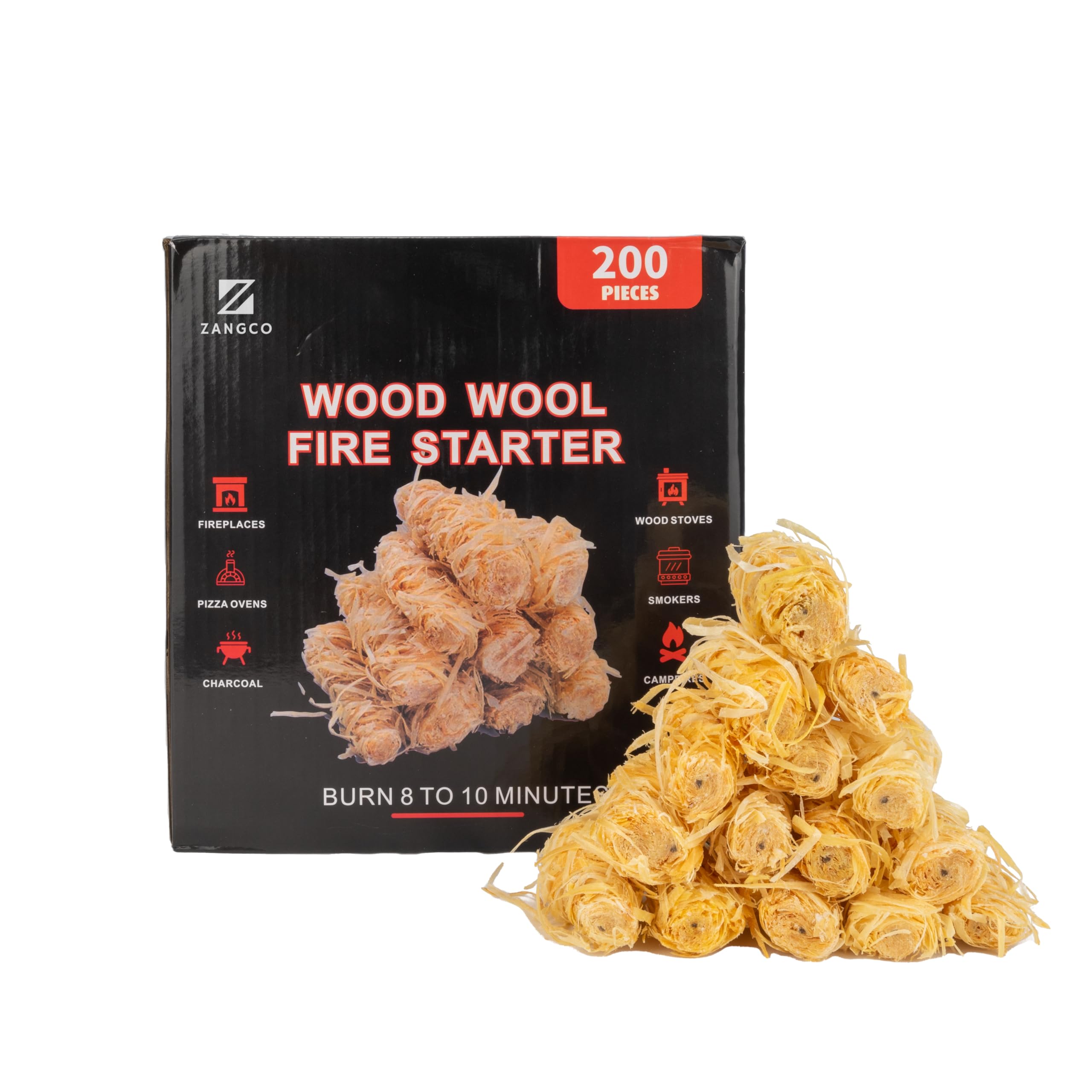 Zangco Wood Natural Wool Firelighters, 200 Count, Eco-Friendly Fire Starters For Bbq, Stove, Fireplace, Fire Pit, Stoves, Smokers