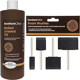 Furniture Clinic Boiled Linseed Oil + 4 Pack Foam Brushes | 17oz/500ml Refined Oil for Wood Furniture, Stone & Metal | Fast Drying Glossy Finish | Restore & Protect | Tables, Cabinets, Handles