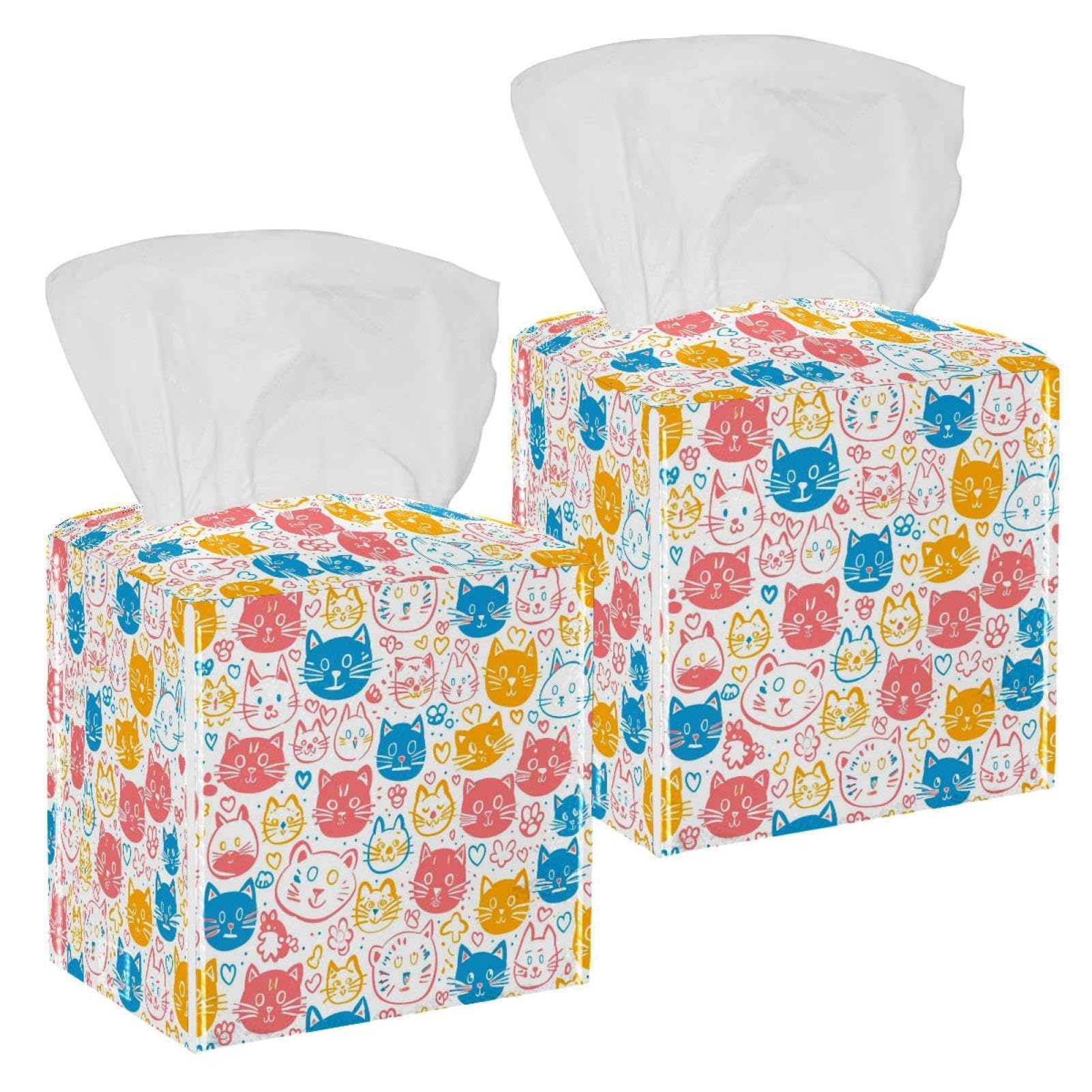 Cat Cartoon Tissue Box Cover, 2 Pack PU Leather Square Facial Tissue Dispenser Box holder for Home Office Car