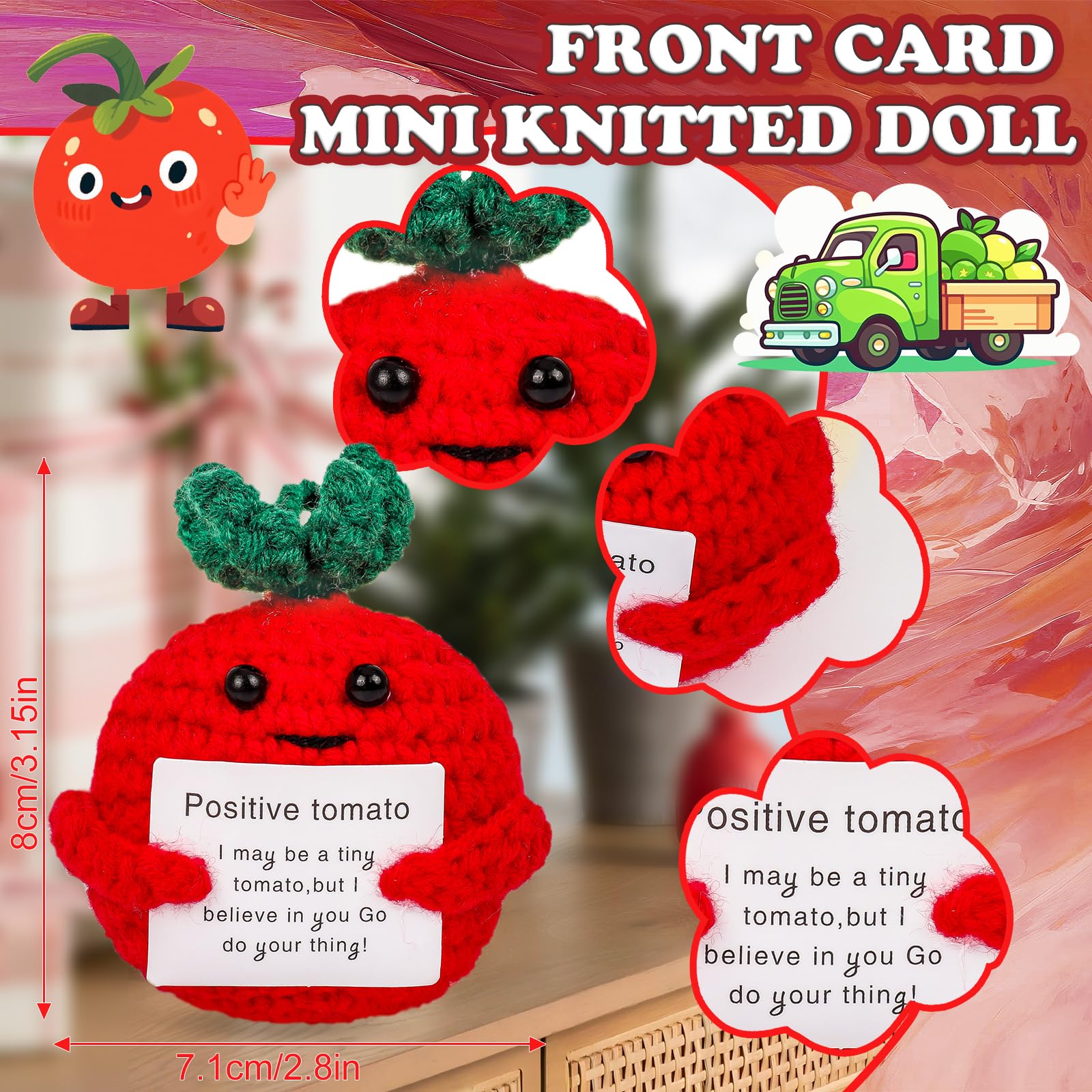 KufaerBeam Funny Positive Vegetable Crochet Plushies, Emotional Support Tomato with Positive Card - Image 3