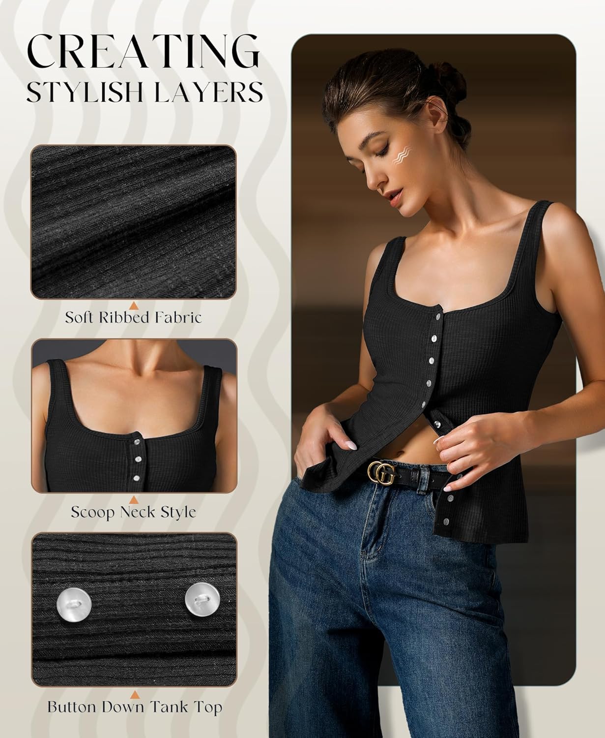 Womens Ribbed Tank Tops - Sleeveless Blouses Button Down Henley Shirts Summer Vest Cami Top - Image 4