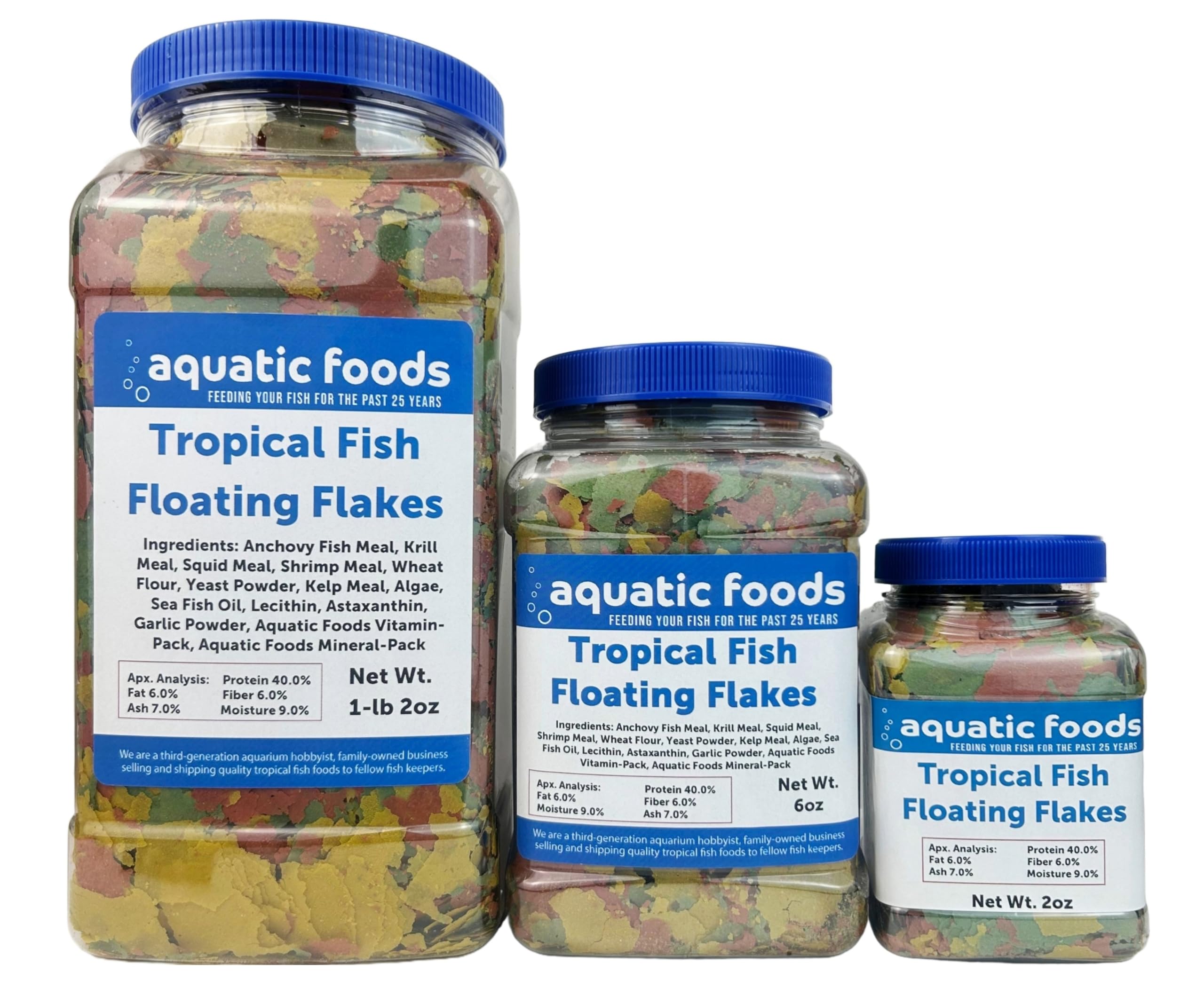 Aquatic Foods Inc. Premium Tropical Fish Flakes, Mix of Krill, Color Enhancing, Spirulina Flakes for Cichlids, Angels, Goldfish, All Tropical Fish