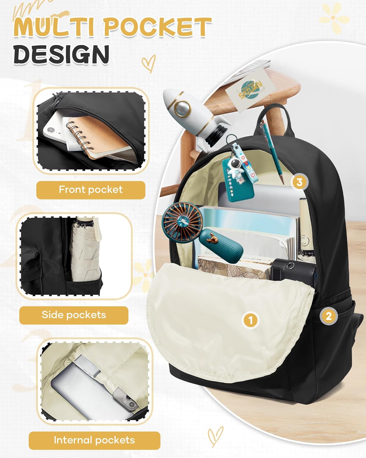 BJLFS Small Black School Backpack for Girls Women Waterproof High School Book Bag Cute Backpack for Men Teens Boys, Lightweight Simple Middle School Back Pack Daypack Gift - Image 4