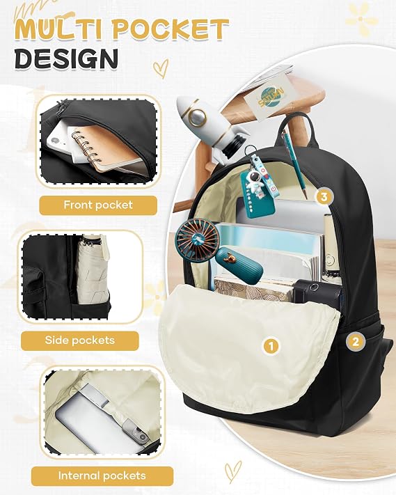 BJLFS Small Black School Backpack for Men Women, Waterproof Book Bag