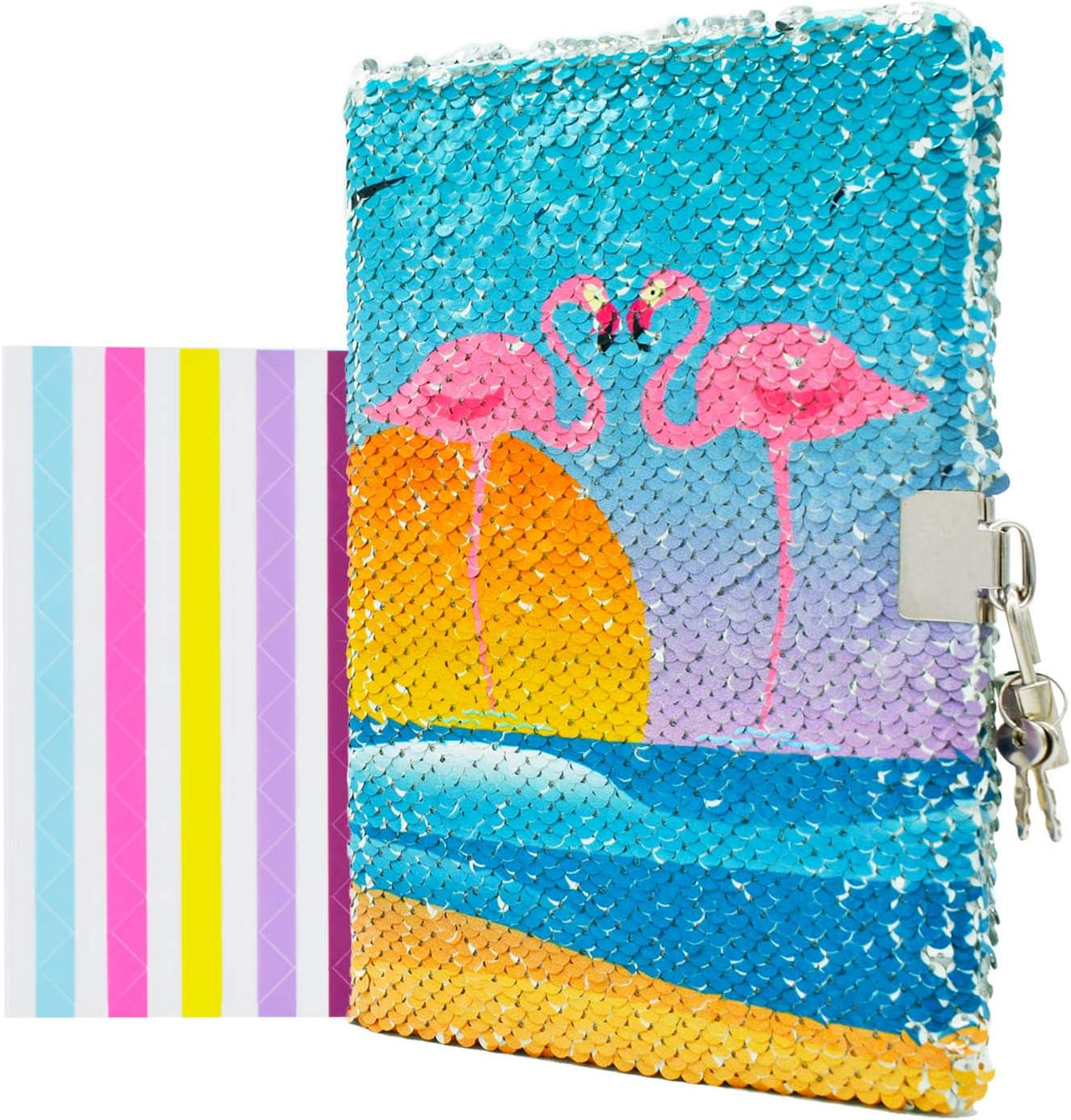 VIPbuy Kids Girls Flamingo Diary with Lock & Key Flip Sequin Journal w/Photo Corner, 8.5” x 5.5”, 156 Pages