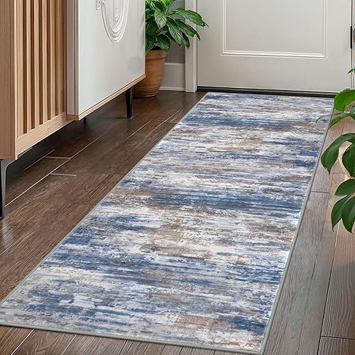 Miniatura 187 de KOZYFLY Alfombra moderna abstracta lavable de 2.6 x 10 pies, antideslizante, suave, alfombra de camino de cocina, alfombra a rayas azules óxido para