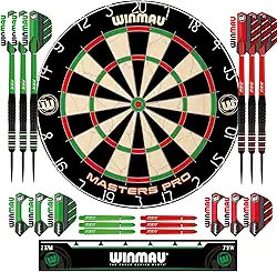 Winmau Conjunto de dardos Masters Pro Premium com cerdas – Inclui dardos e dardos de dardos, voos, eixos e faixa Oche – dardos profissionais com ponta de aço e placa de dardos para adultos