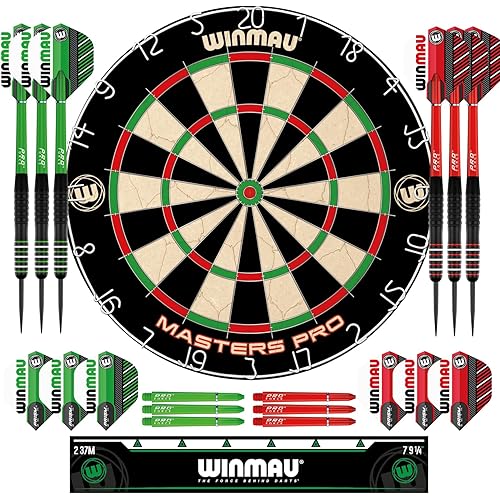 Winmau Darts - Masters Pro Premium Bristle Dartboard Set - Includes Dart Board, Darts, Flights, Shafts and Oche Strip - Professional Steel Tip Darts & Dart Board for Adults