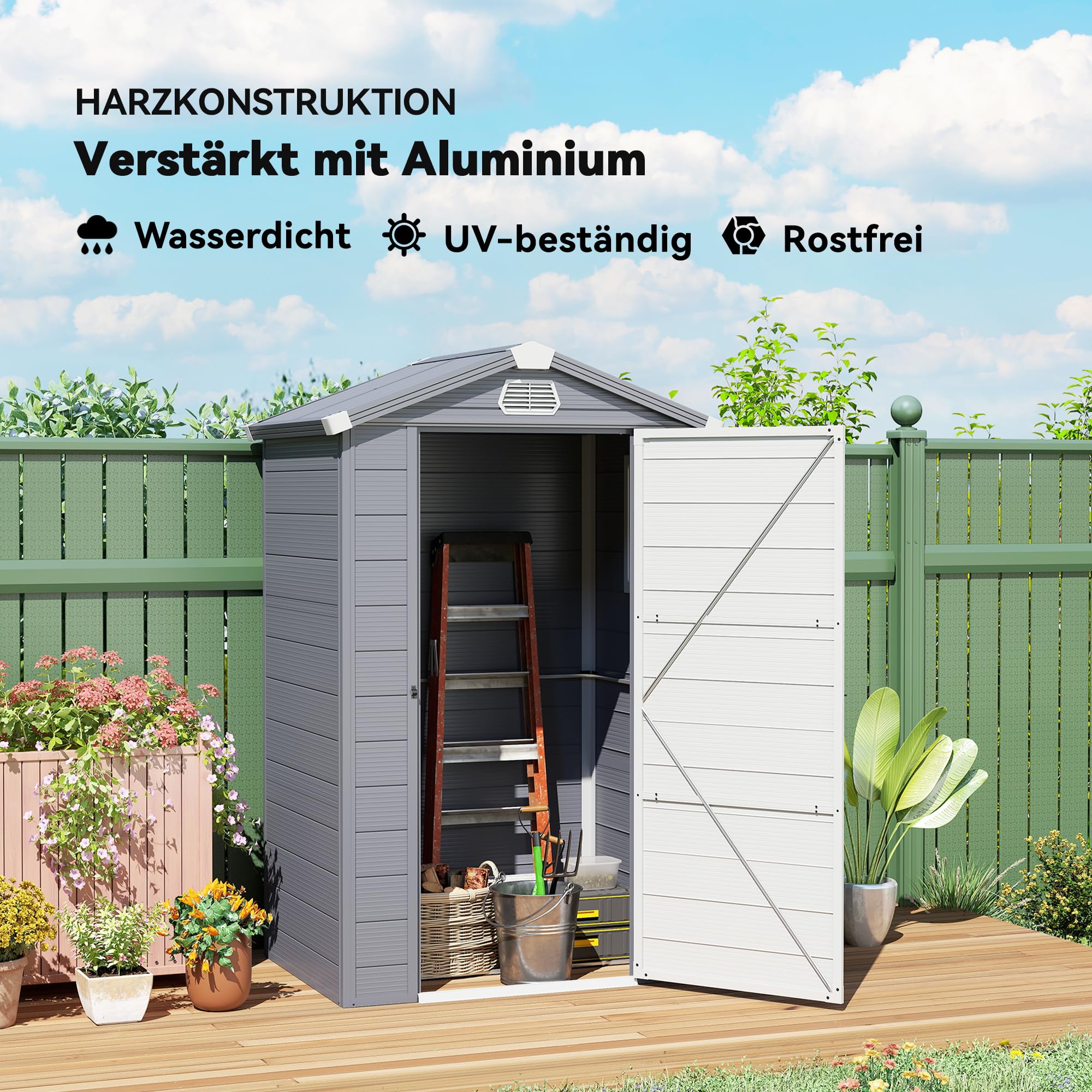 Outsunny Domek na narzędzia 1,1 m², szopa na narzędzia z dachem dwuspadowym, 133 x 102 x 208 cm, szopa z tworzywa sztucznego, z zamykanymi drzwiami, otworem wentylacyjnym, fundamentem, do ogrodu