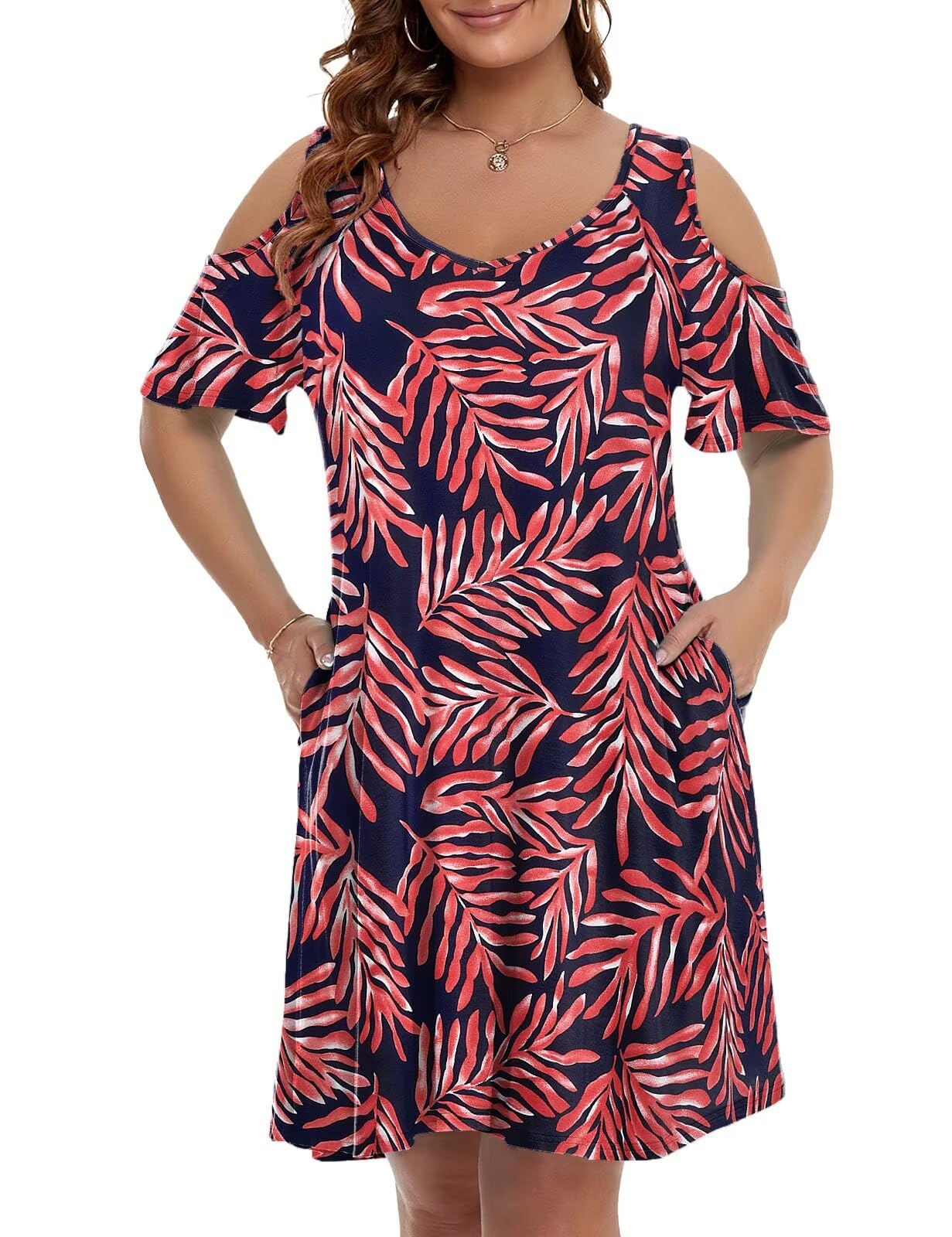 JollieLovin Womens Plus Size Short Sleeve Cold Shoulder V Neck T-Shirt Dress with Pockets