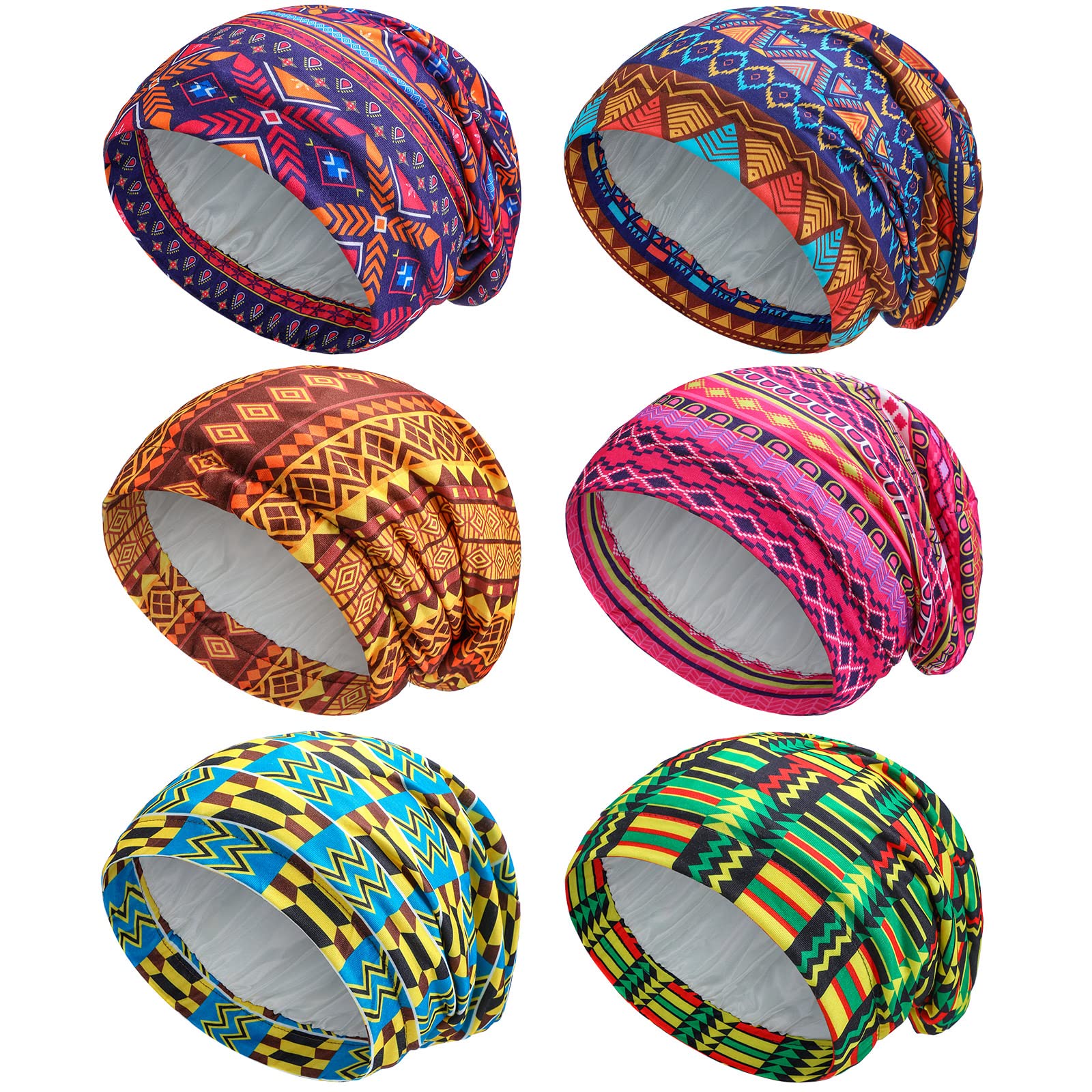 Sintege 6 Pcs Satin Lined Bonnet Sleep Chemo Hat Stretch Cancer Cap for Women Men Cancer Patient African Silk Soft Beanie(Classic Patterns)