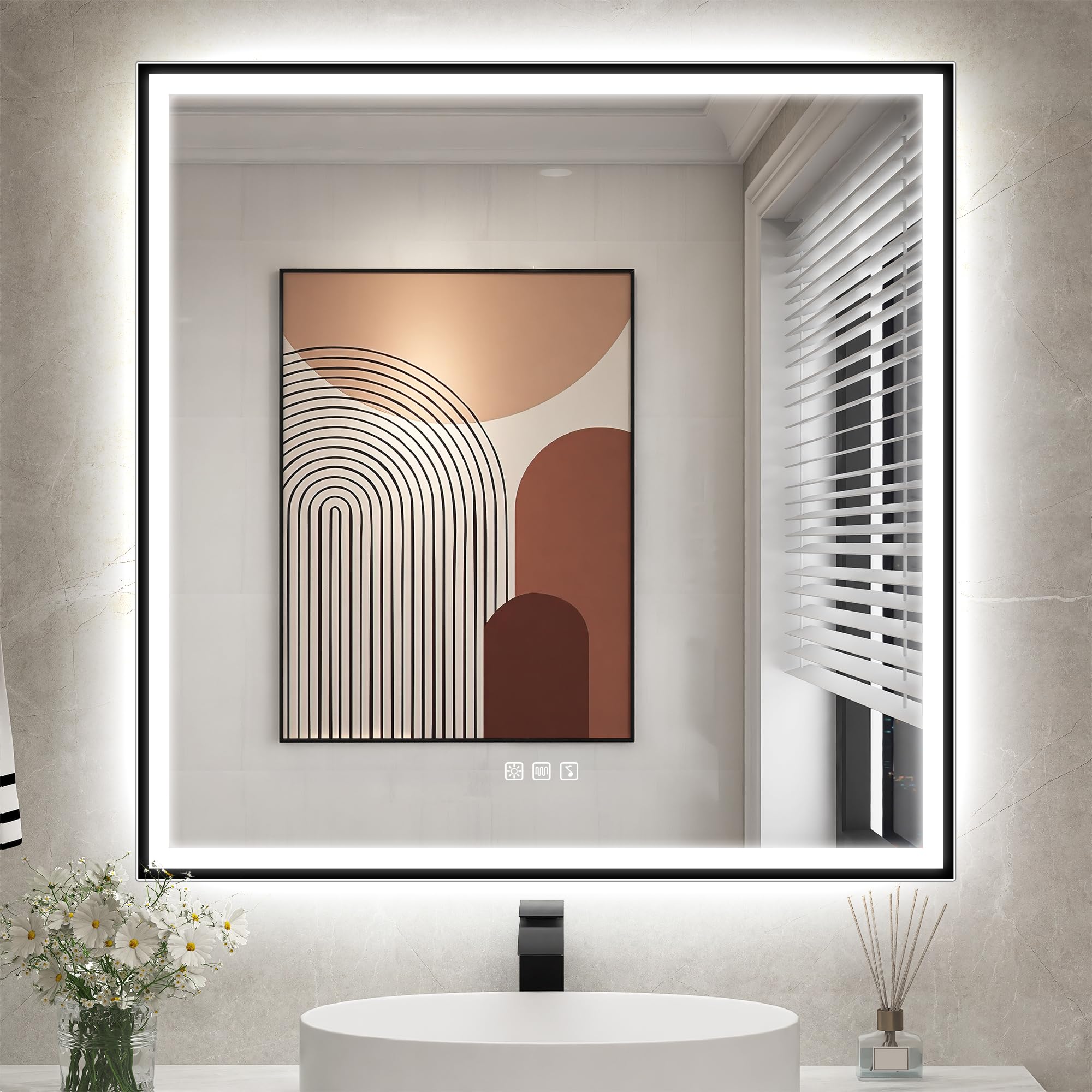 STARLEAD Nero Specchio-Bagno-con-Luce 80x80 cm, Quadrato Specchio-Bagno-LED con Bluetooth, 3 Colori Luce, Dimmerabile, Antifog, IP44, Vetro Temperato HD, Memoria, Cornice non Metallica