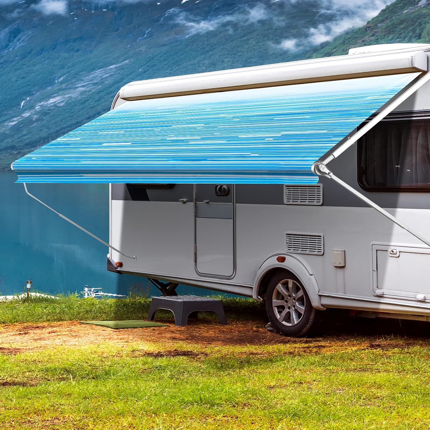 ATCWF RV Awning Fabric Replacement Blue Fade 15' (Fabric 14' 2") with