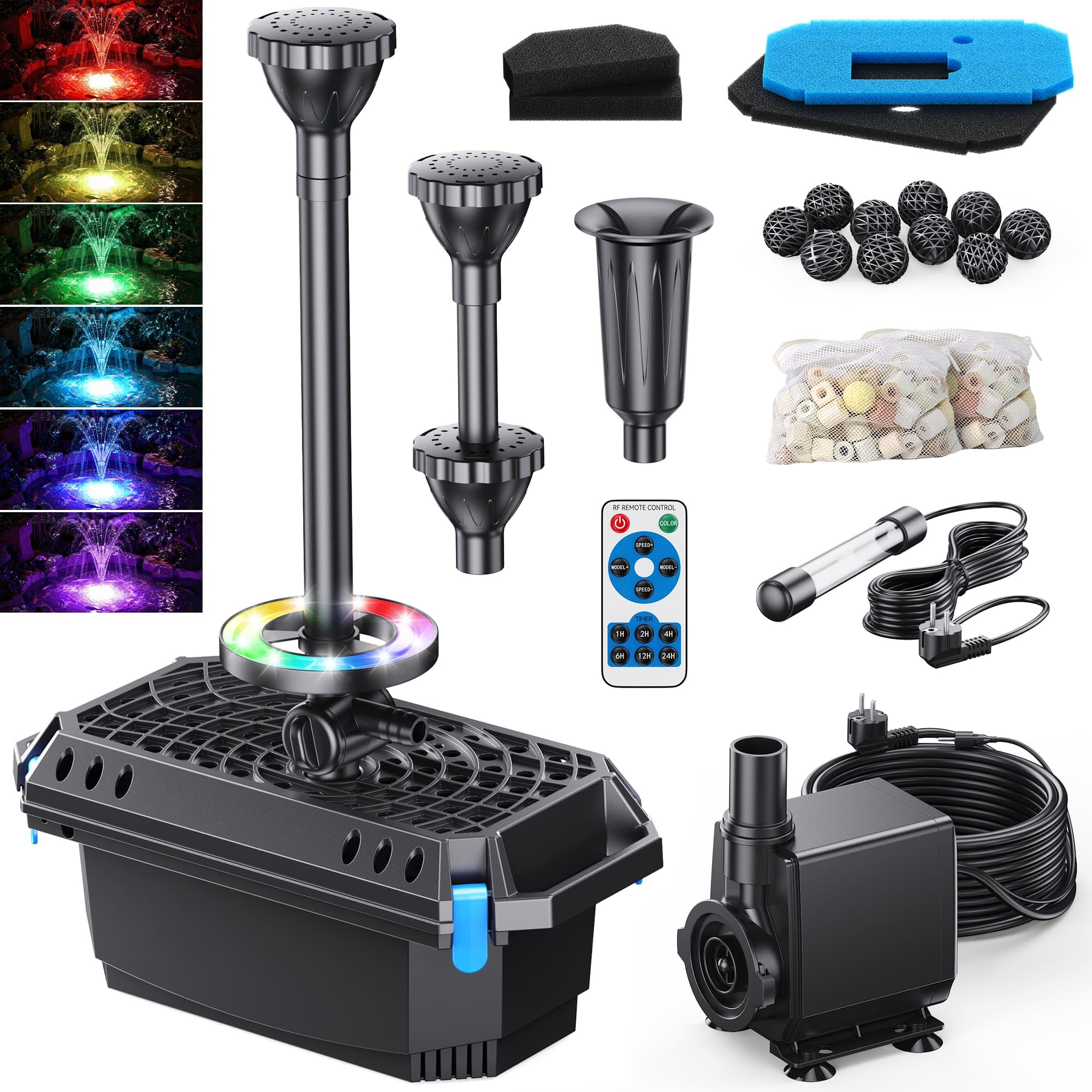 Pompa filtro per laghetto 40W 2500L/H UV RGB 3 fontane fino a 3600 litri