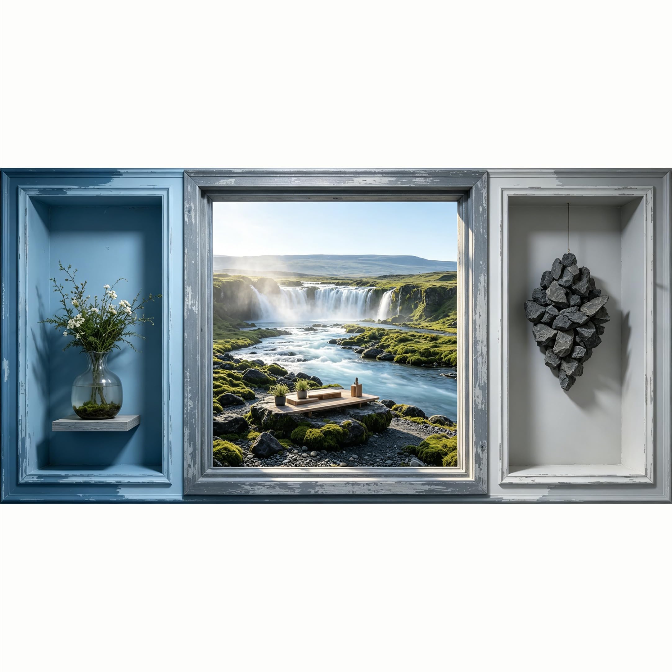 QZLITHOTIC 50x100cm 3D Framed Wall Art， Iceland Waterfall Scenic Landscape Self‑Adhesive Mural， Water‑Activated Peel & Stick Fabric Decor Wall Decal for Bedroom Living Room